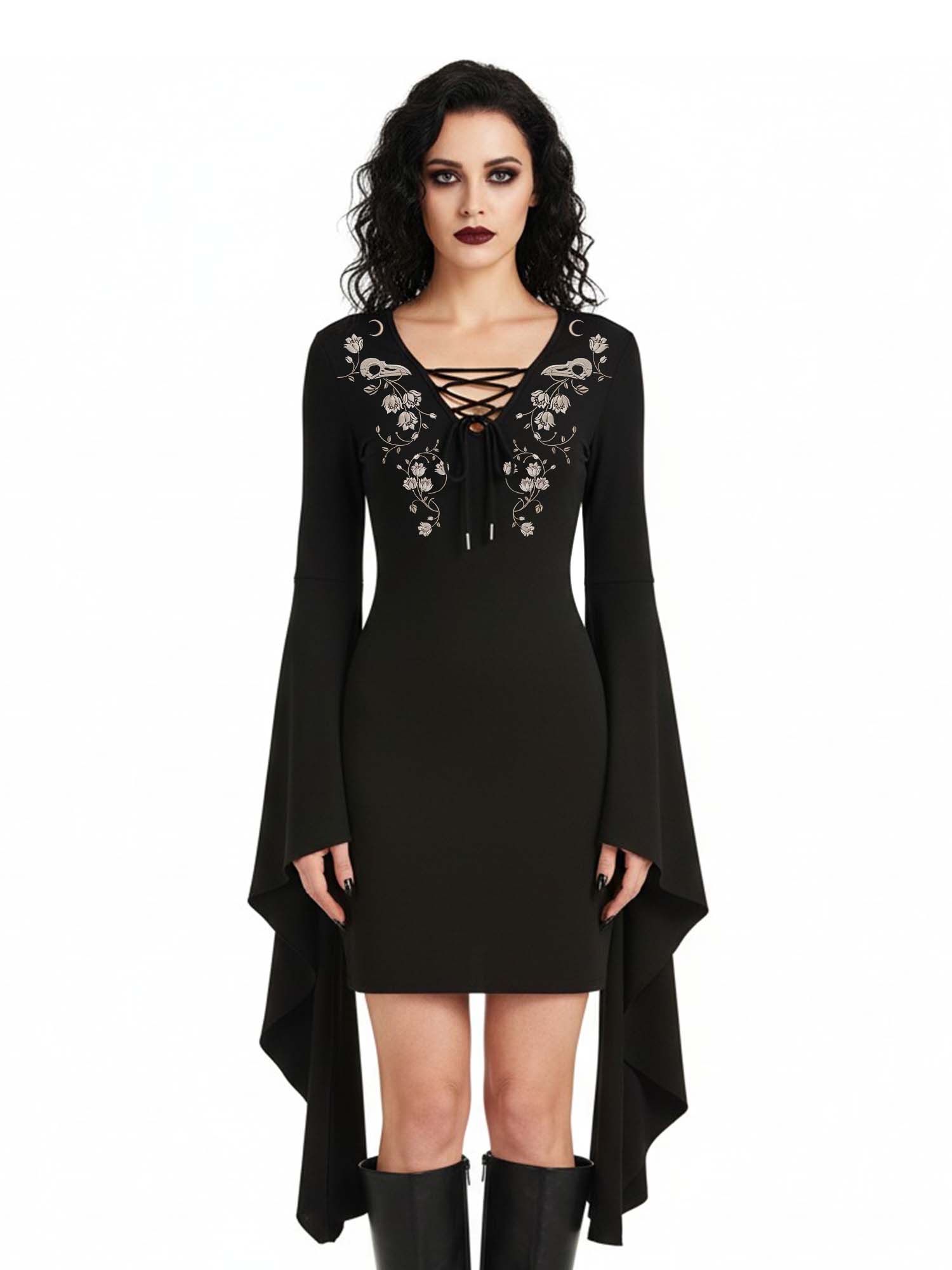 Crow Skull And FLower Print Batwing Dress