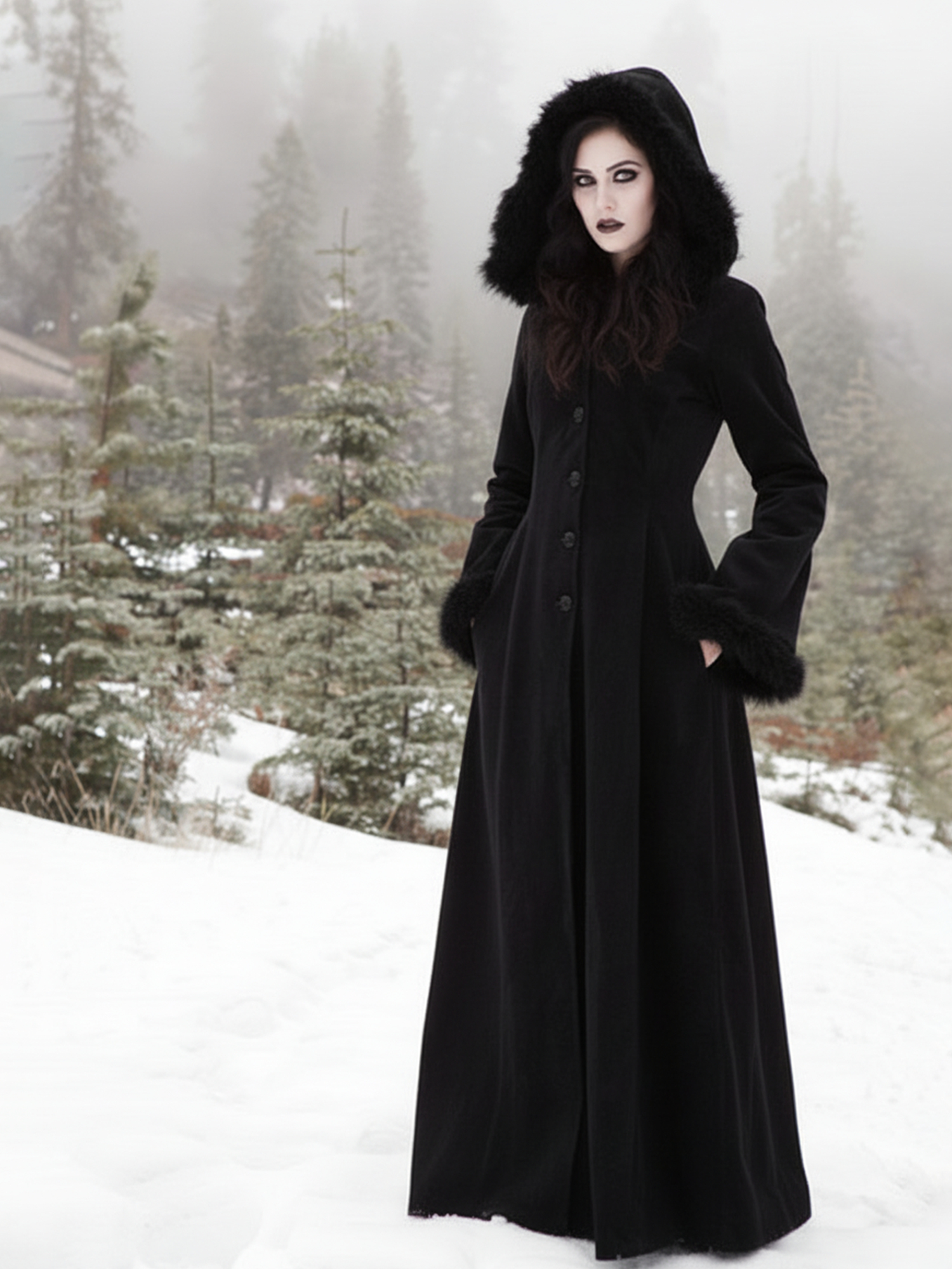 Gothic Retro Pelzkragen Kapuze Einreihiger Swing Schnürmantel