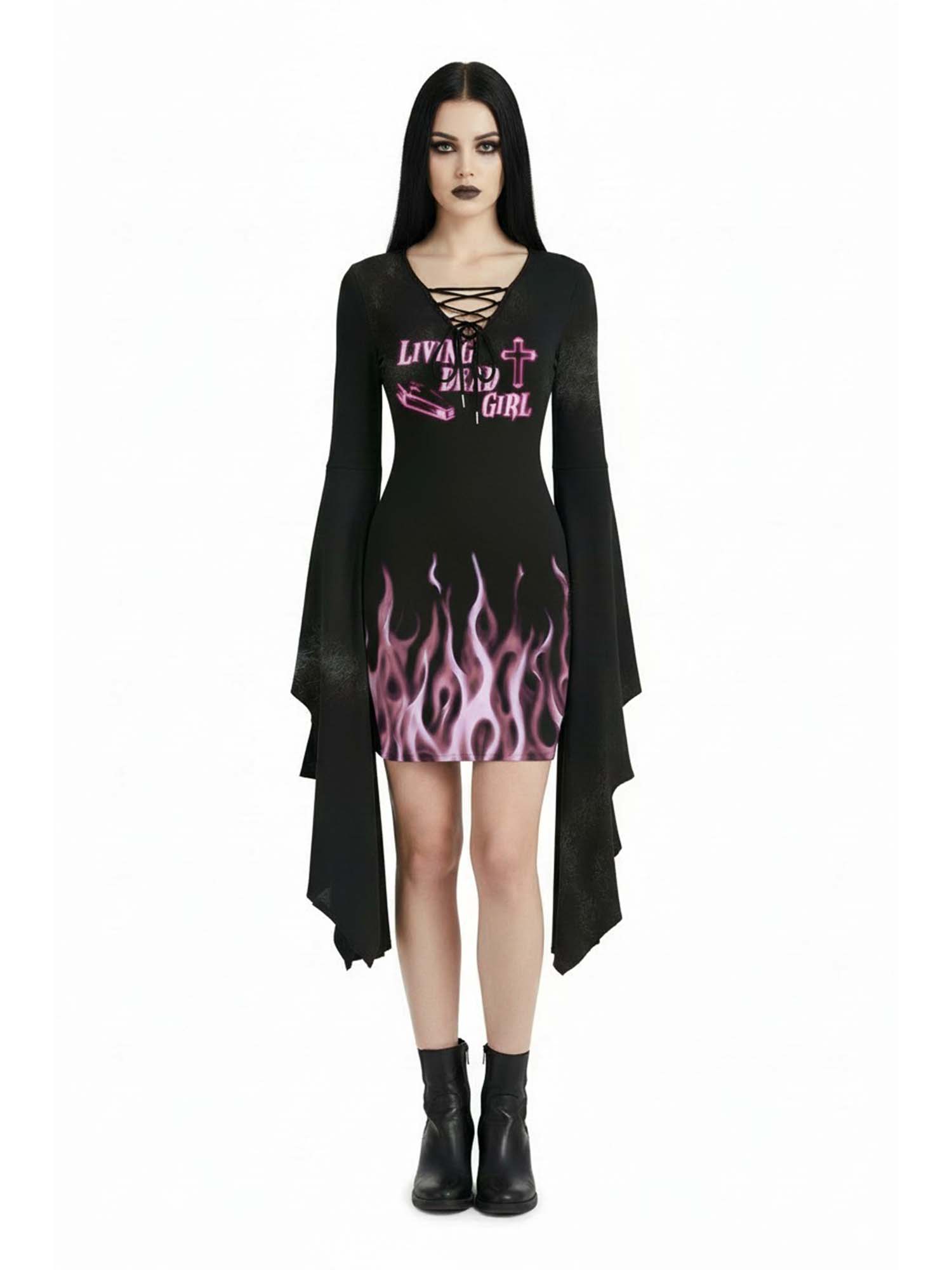 Living Dead Girl Fire Print Batwing Dress