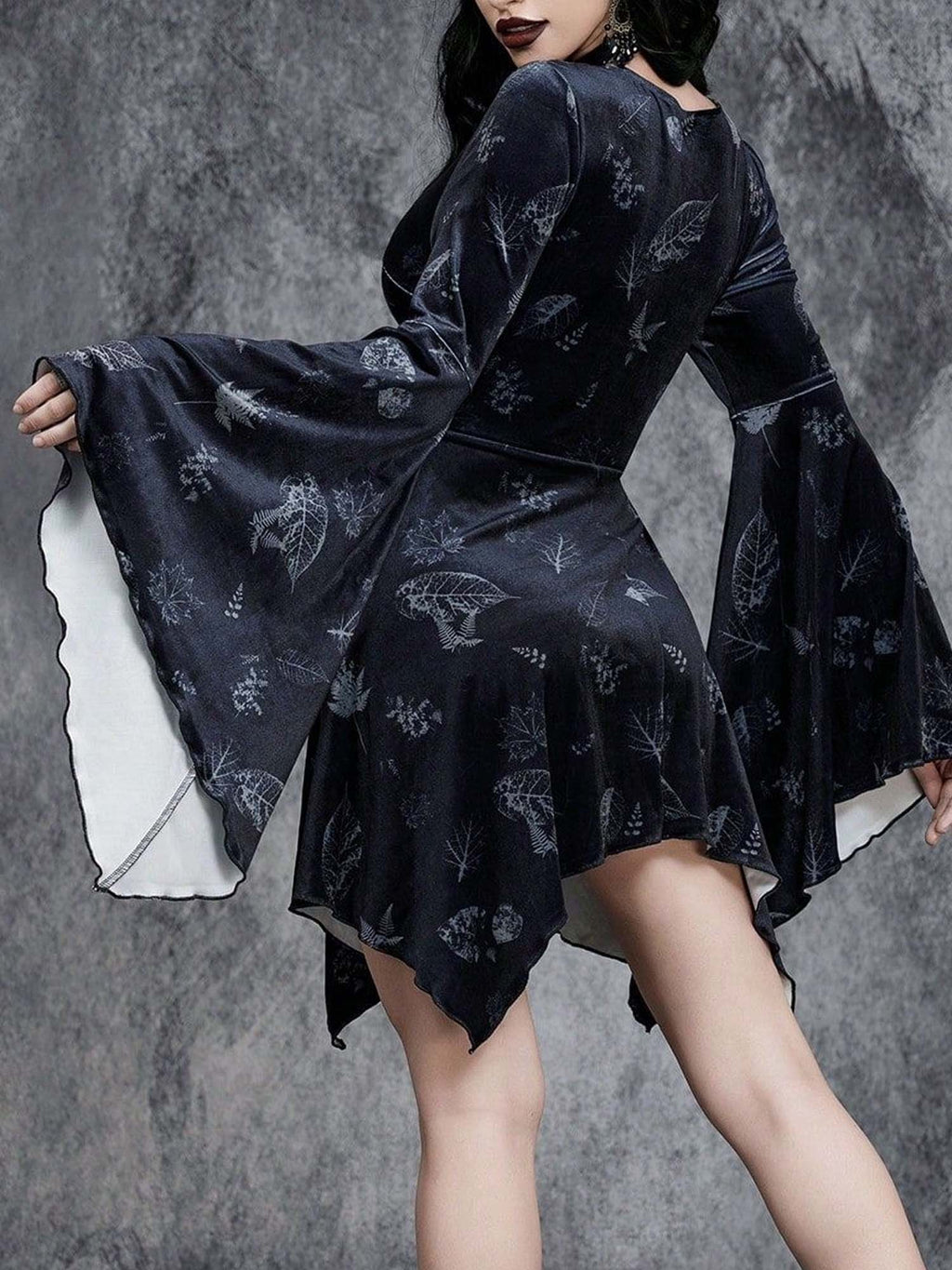 Gothic Halloween Print Tie-Strap Trumpet Sleeve V-Neck Dress