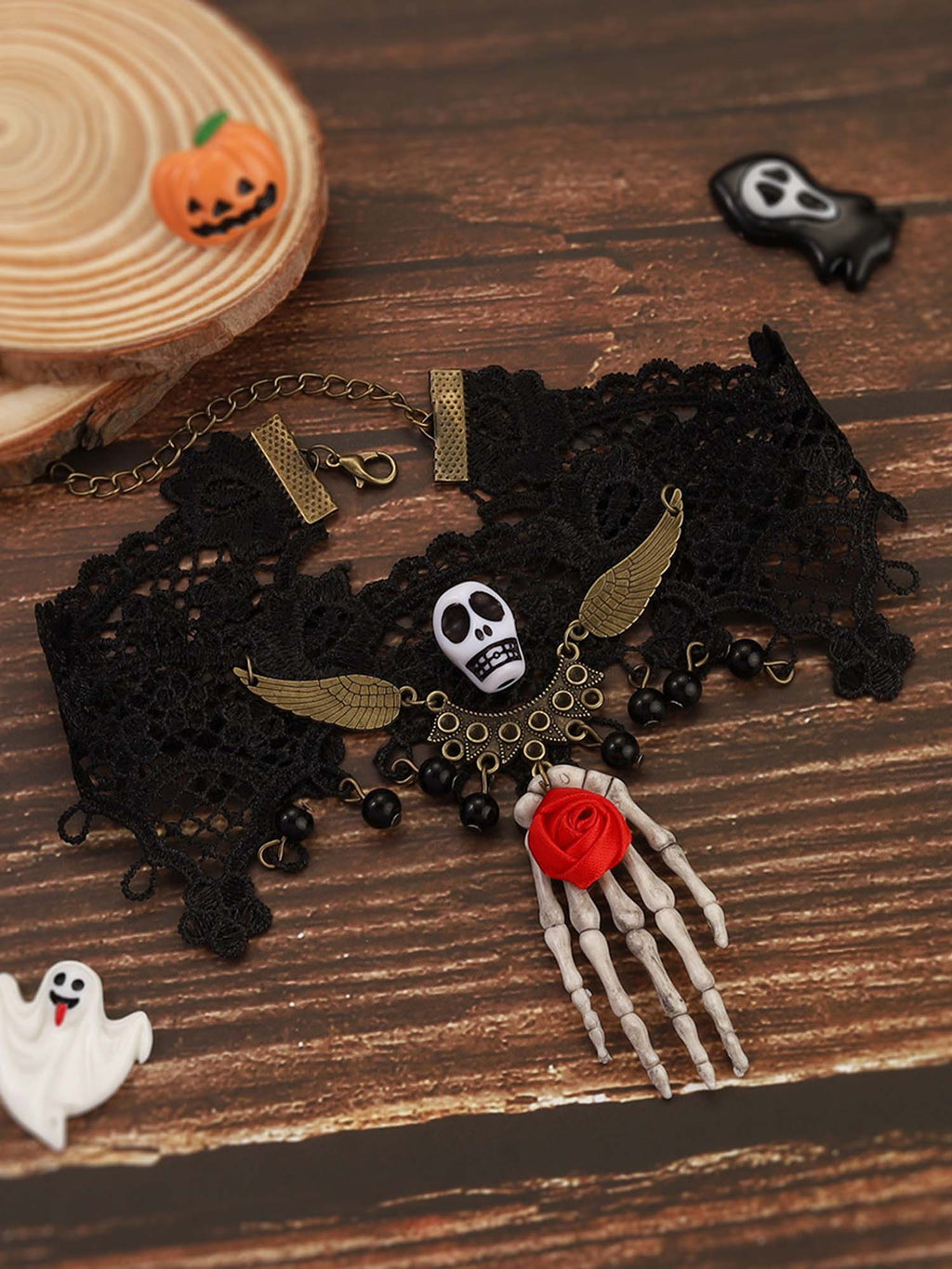 Halloween Skull Rose Palm Lace Dark Gothic Choker Necklace