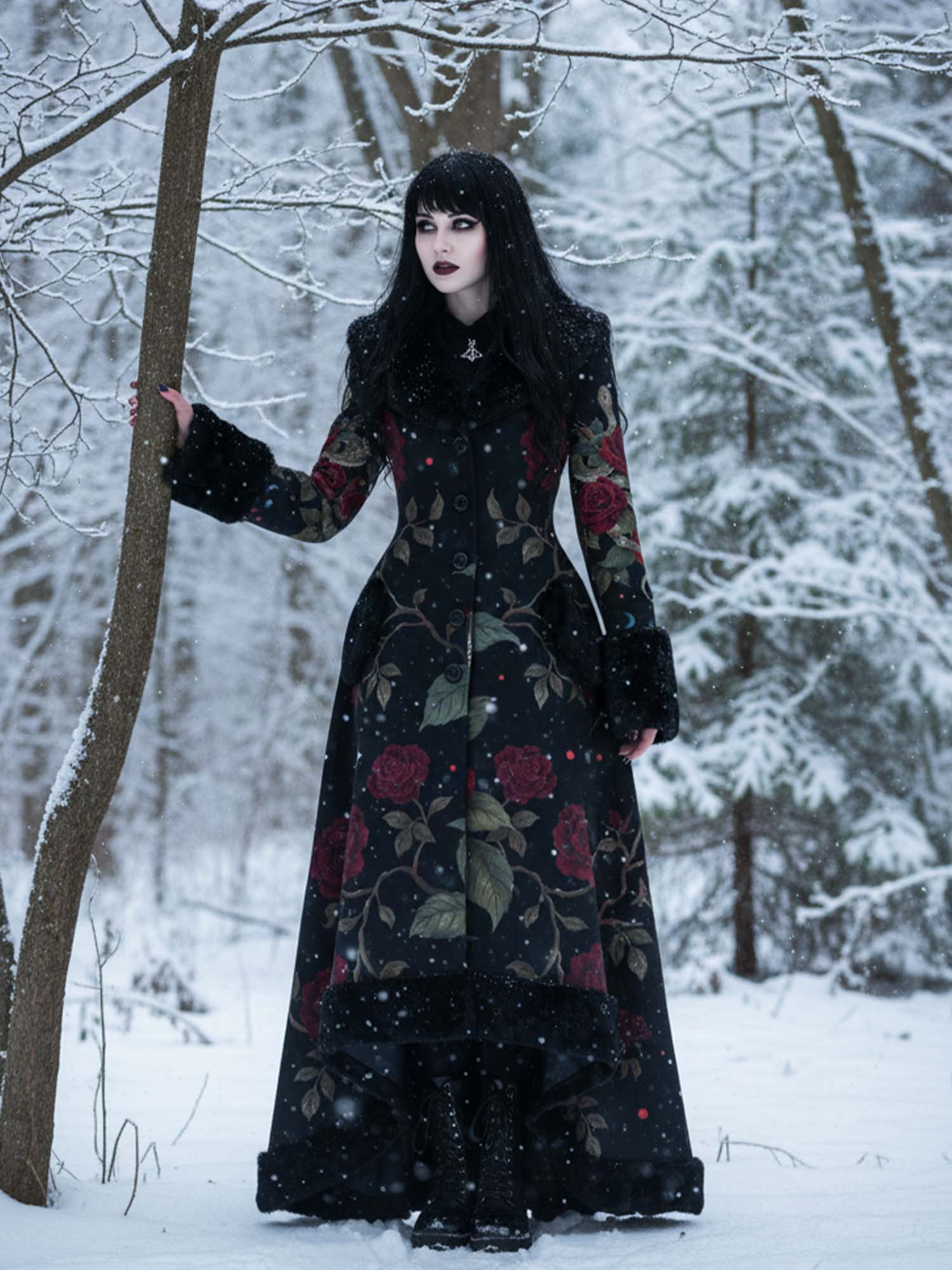 Vintage-Blumen- und Schlangenmuster, Gothic-Vintage-Pelzkragen, einreihiger Schnürmantel