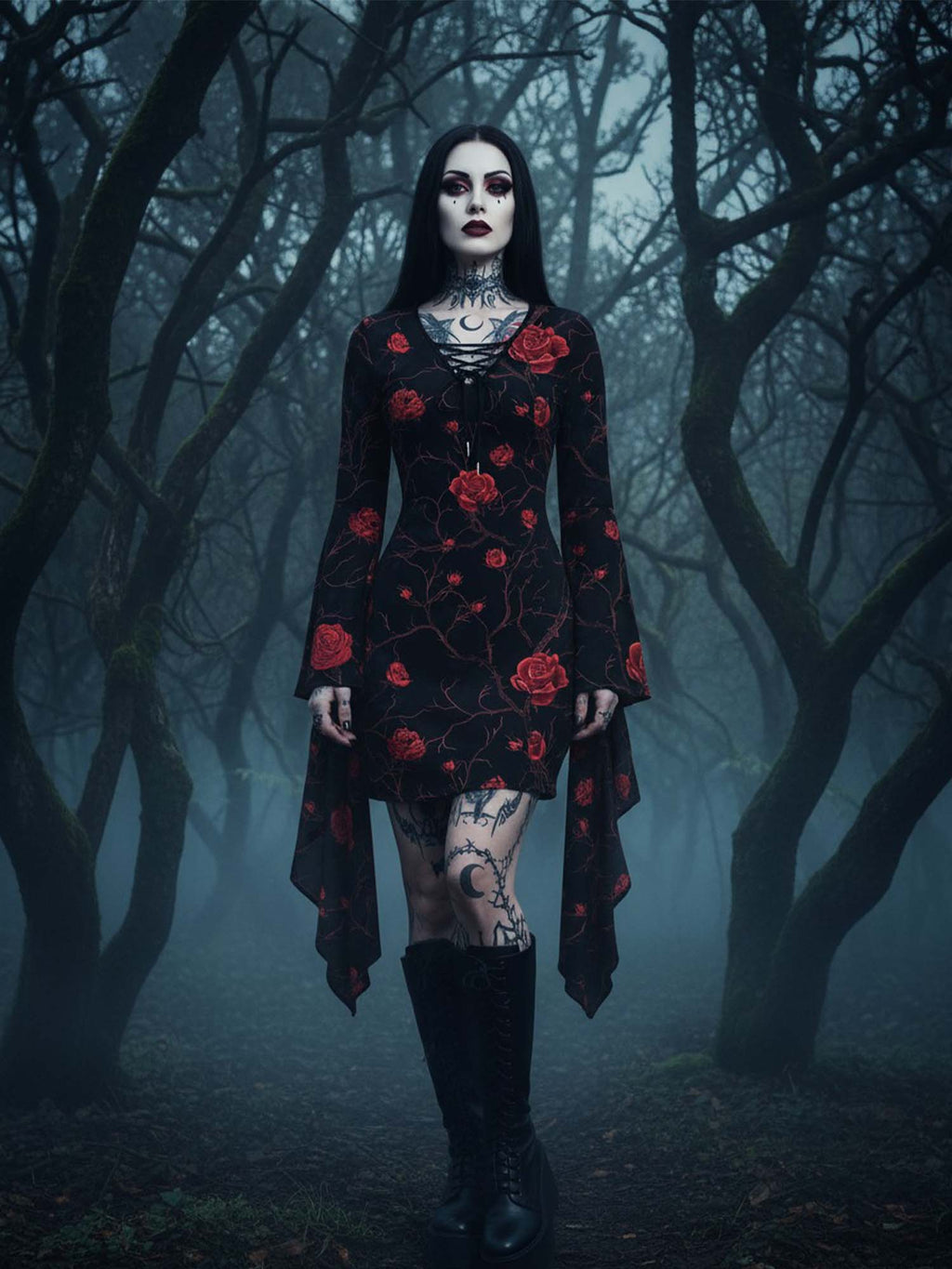 Red Rose Print Batwing Dress