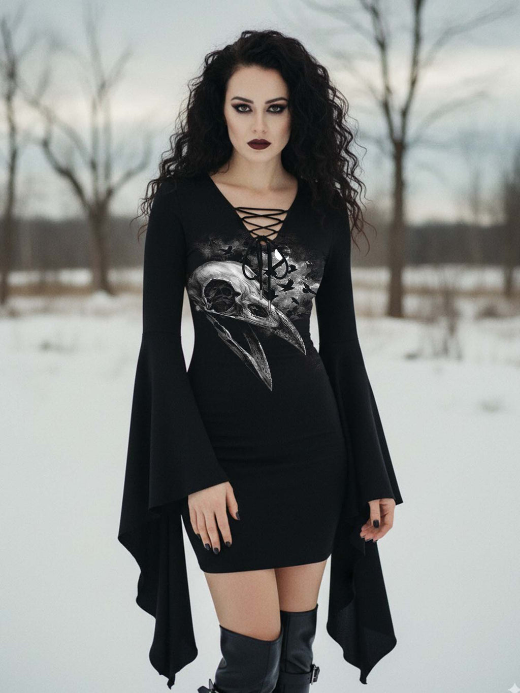 Midnight Crow Print Batwing Dress