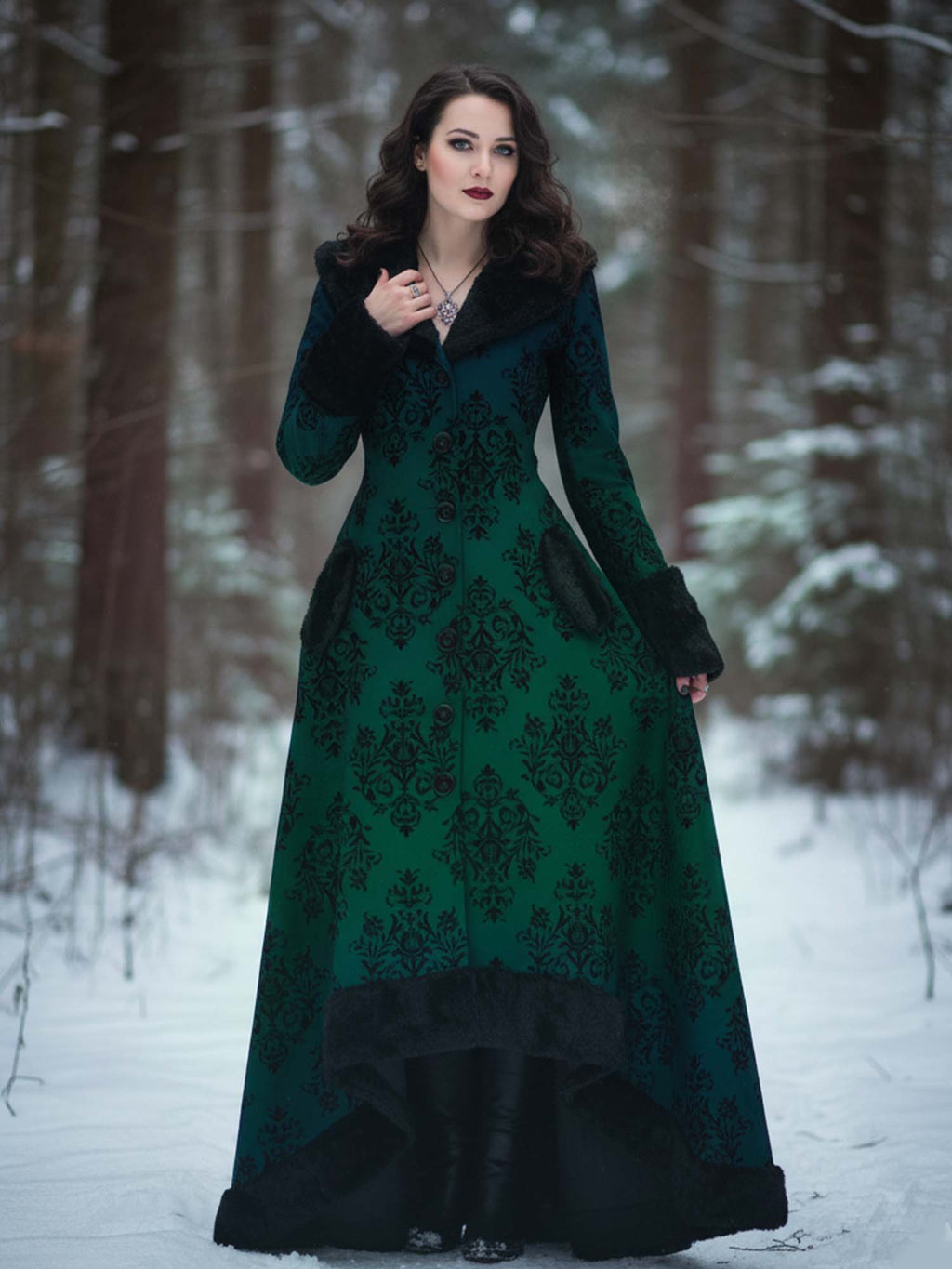 Vintage Floral Print Gothic Vintage Fur Collar Single-Breasted Lace-Up Coat