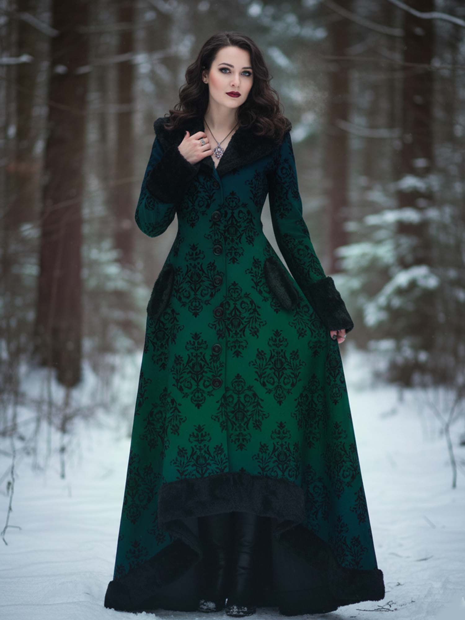 Vintage Floral Print Gothic Vintage Fur Collar Single-Breasted Lace-Up Coat