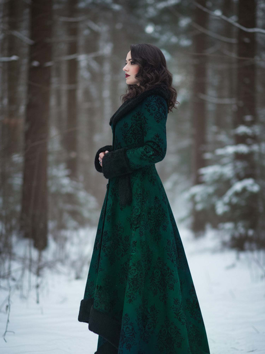 Vintage Floral Print Gothic Vintage Fur Collar Single-Breasted Lace-Up Coat