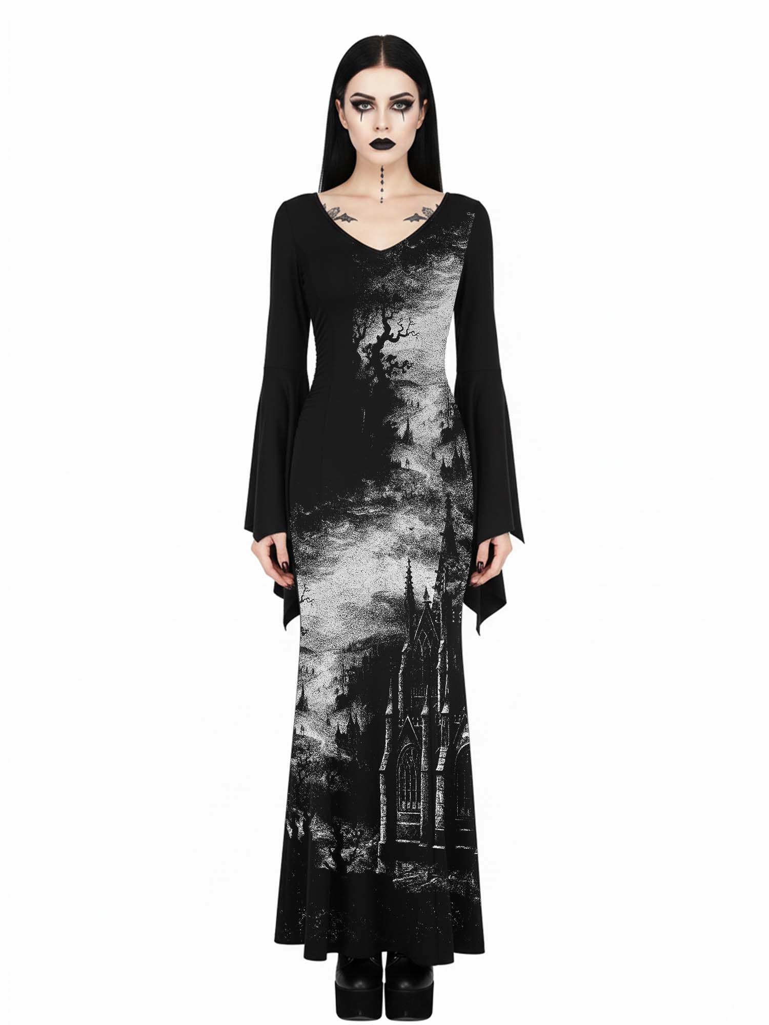 Gothic Forest Castle Print Batwing Maxi Dress