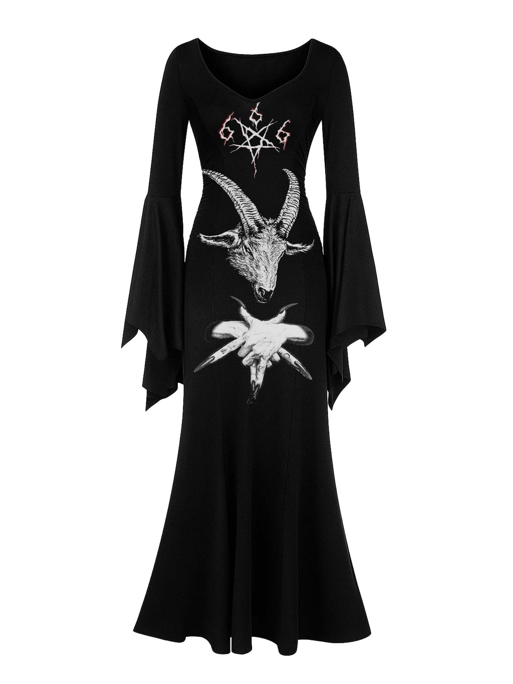 Dunkles Baphomet Ziegenhorn Print Fledermaus Maxikleid