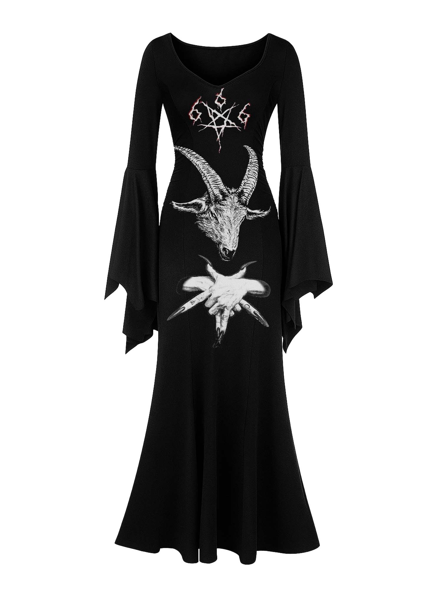 Dark Baphomet Goat Horn Print Batwing Maxi Dress