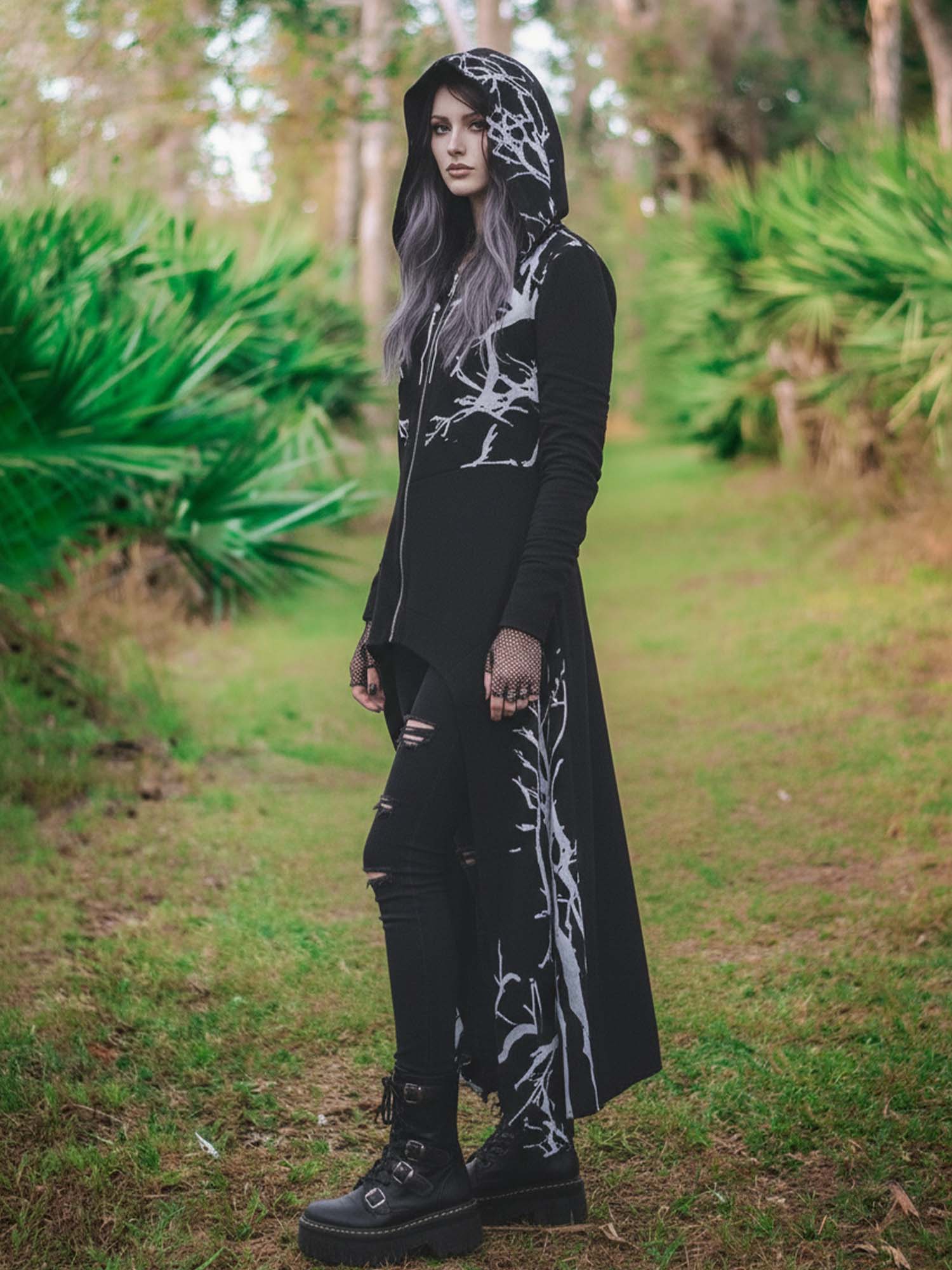 Cape With Hood And Irregular Hem Print Long-Sleeved Coat