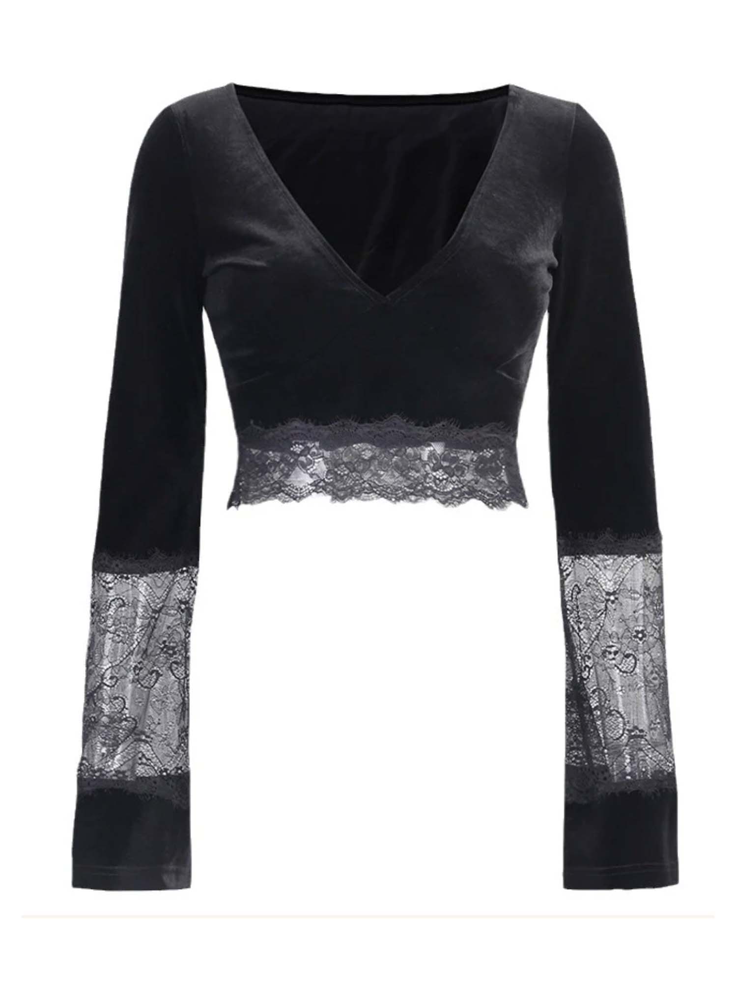 V-Neck Dark Lace Paneled Flared Sleeve Top