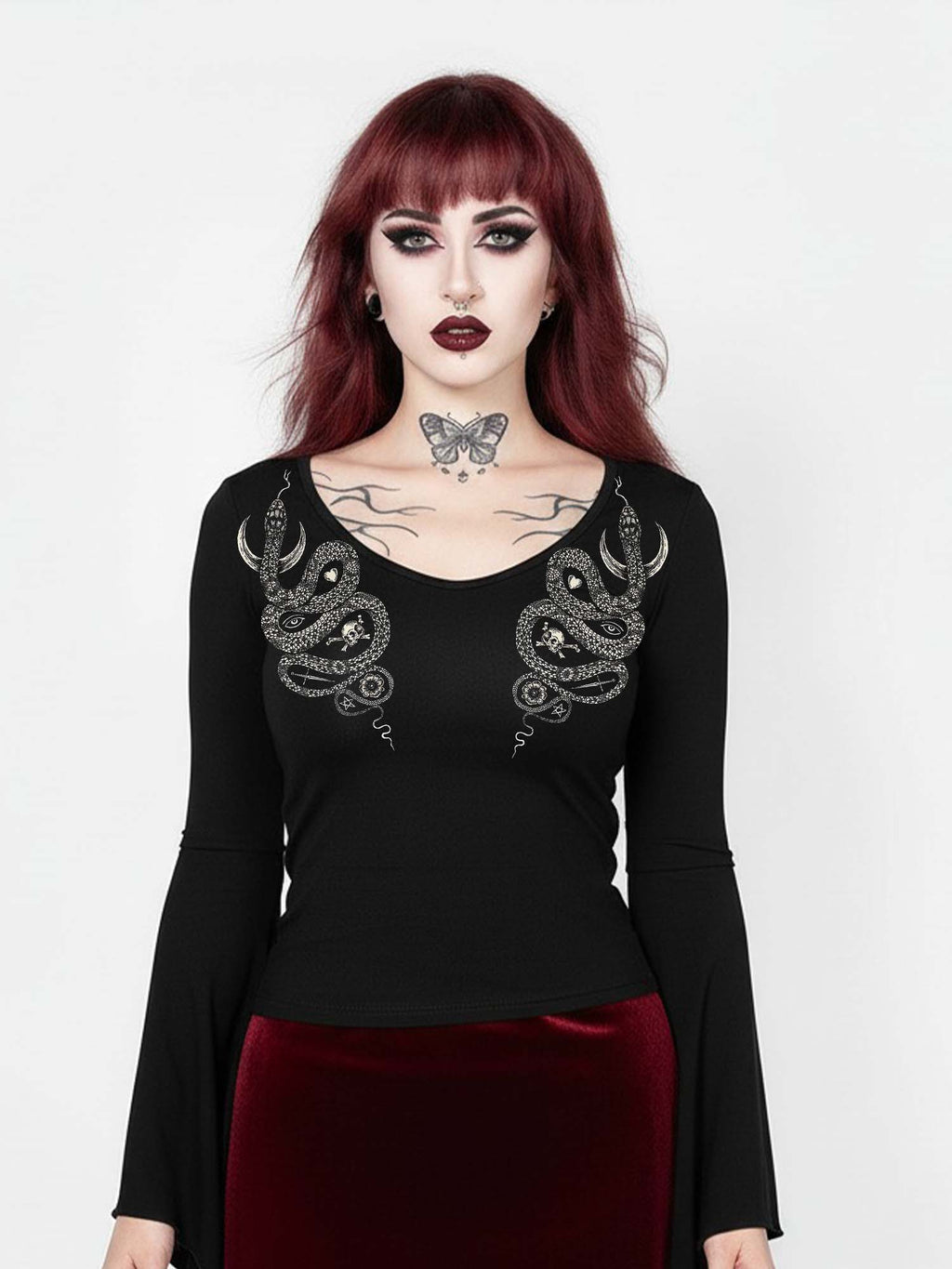 Skull Moon And Snake Print Batwing Shirt