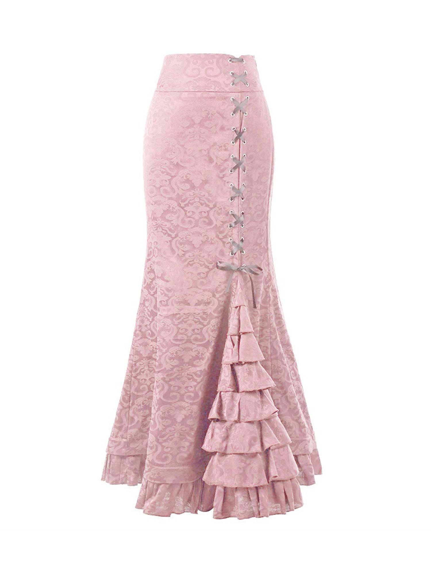 Gothic Style Dark Jacquard Long Skirt Lace-Up Hip Fishtail Skirt