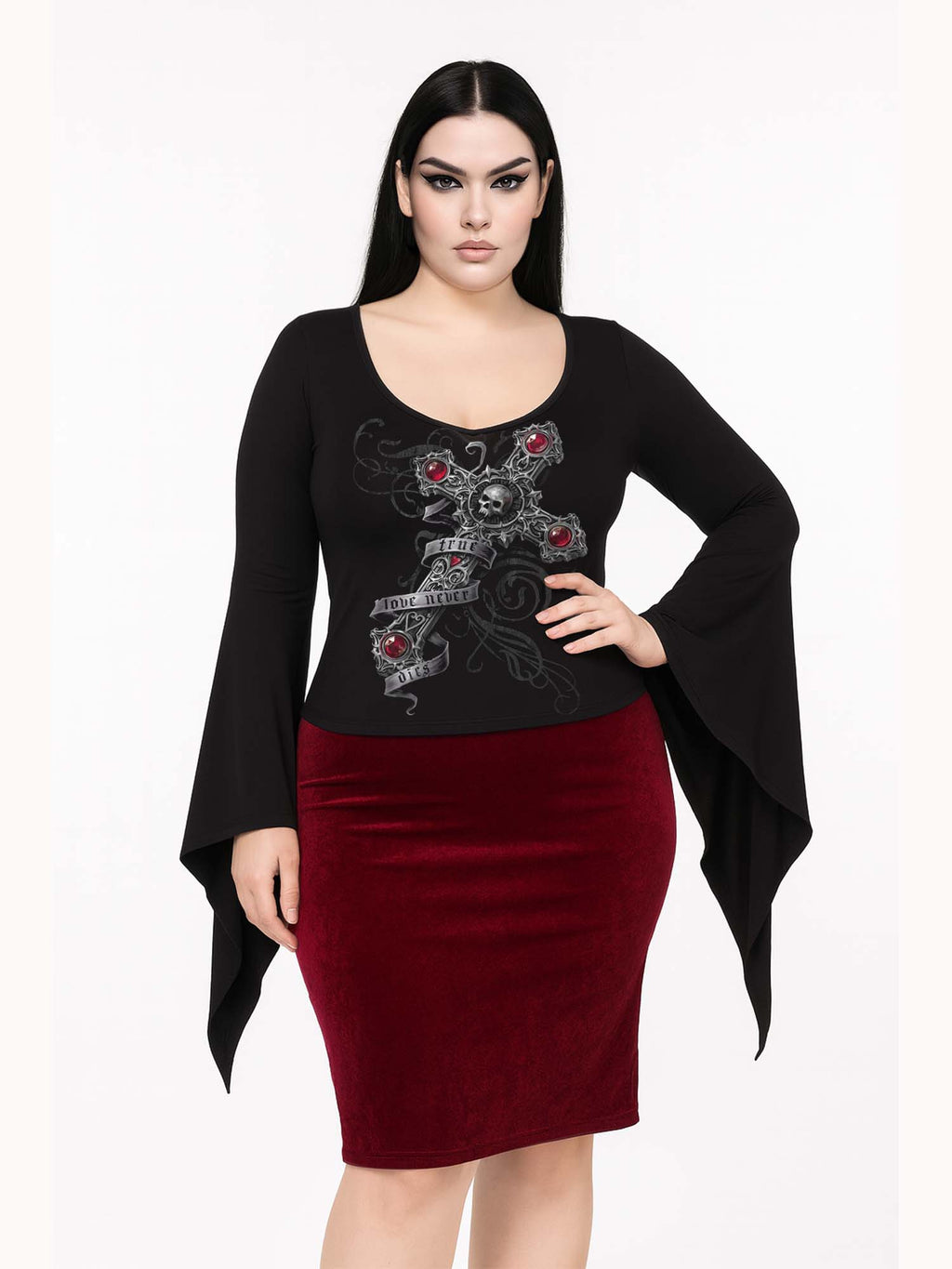 【Plus Size】Skull Cross True Love Never Dies Print Batwing Shirt