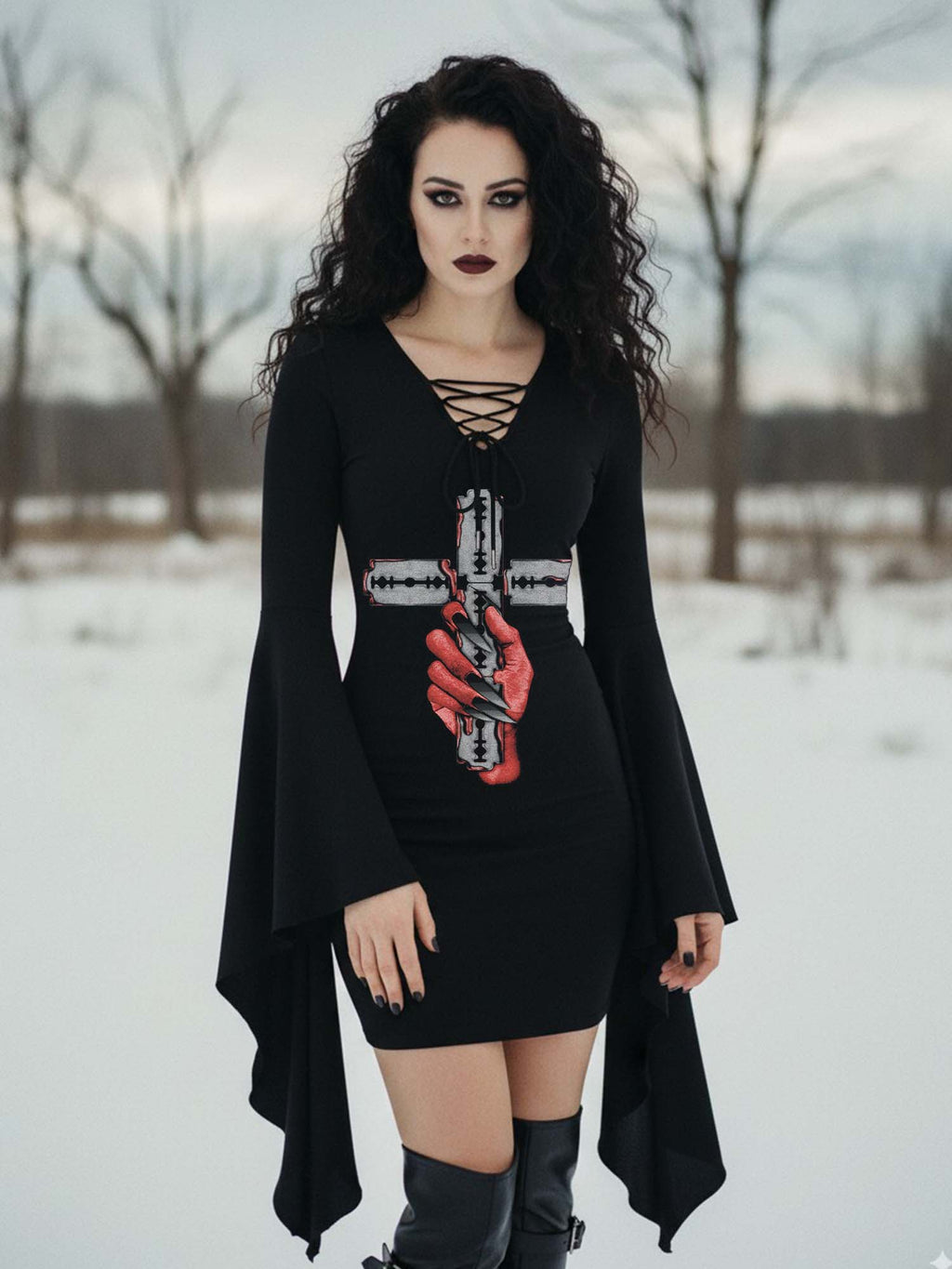 Devil's Hand and Blade Cross Print Batwing Dress