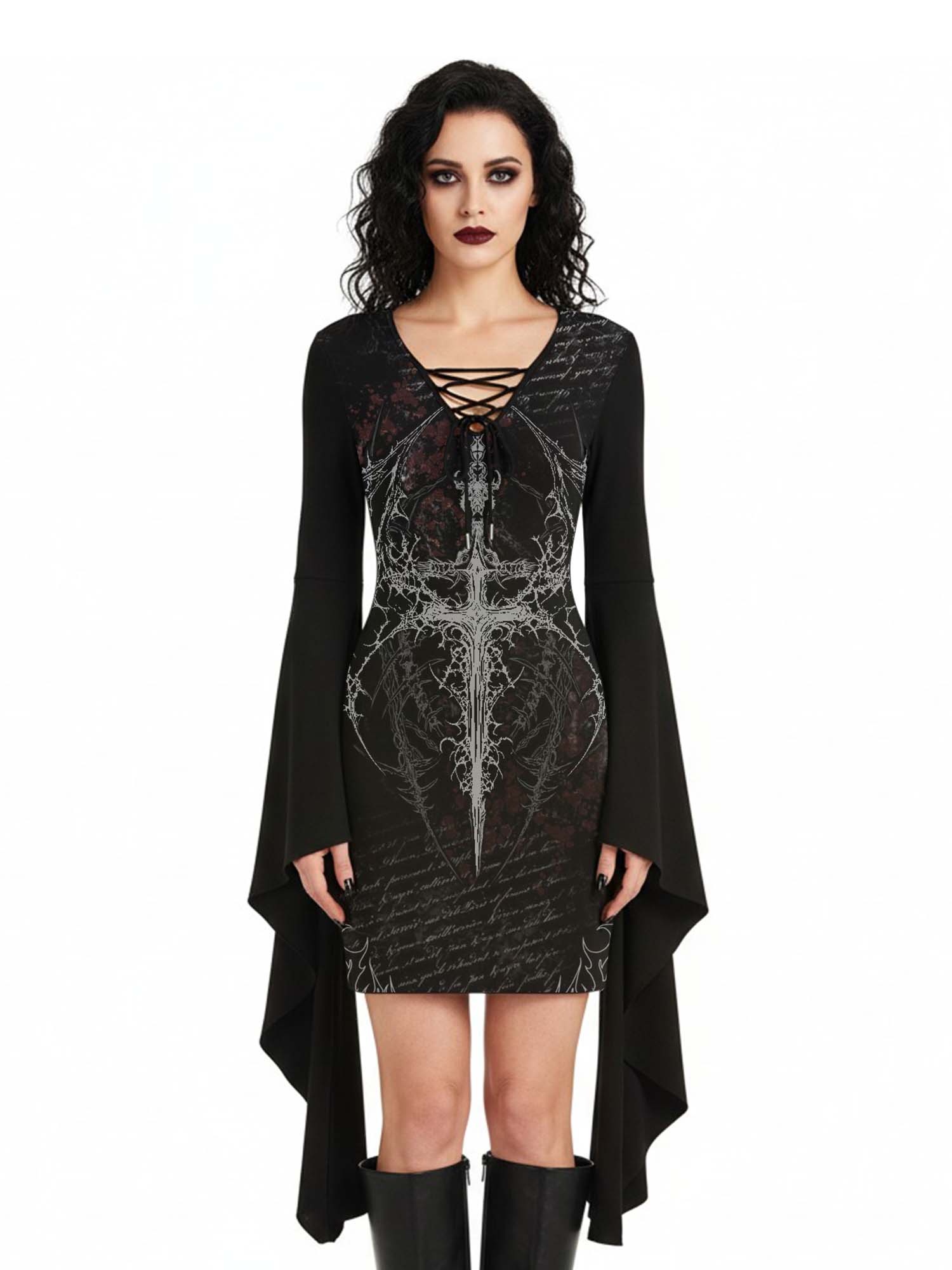 Devil's Cross Print Batwing Dress