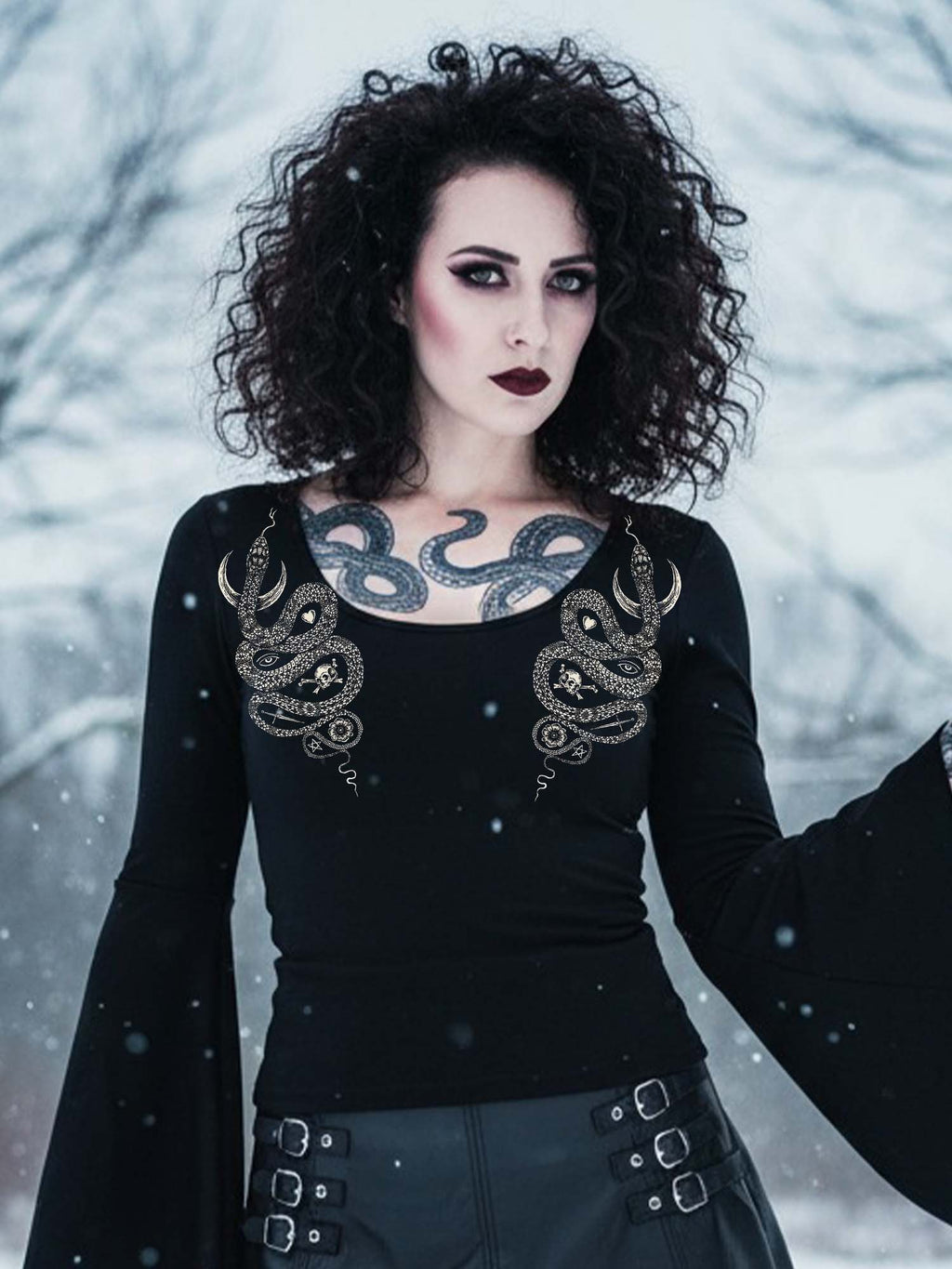 Skull Moon And Snake Print Batwing Shirt