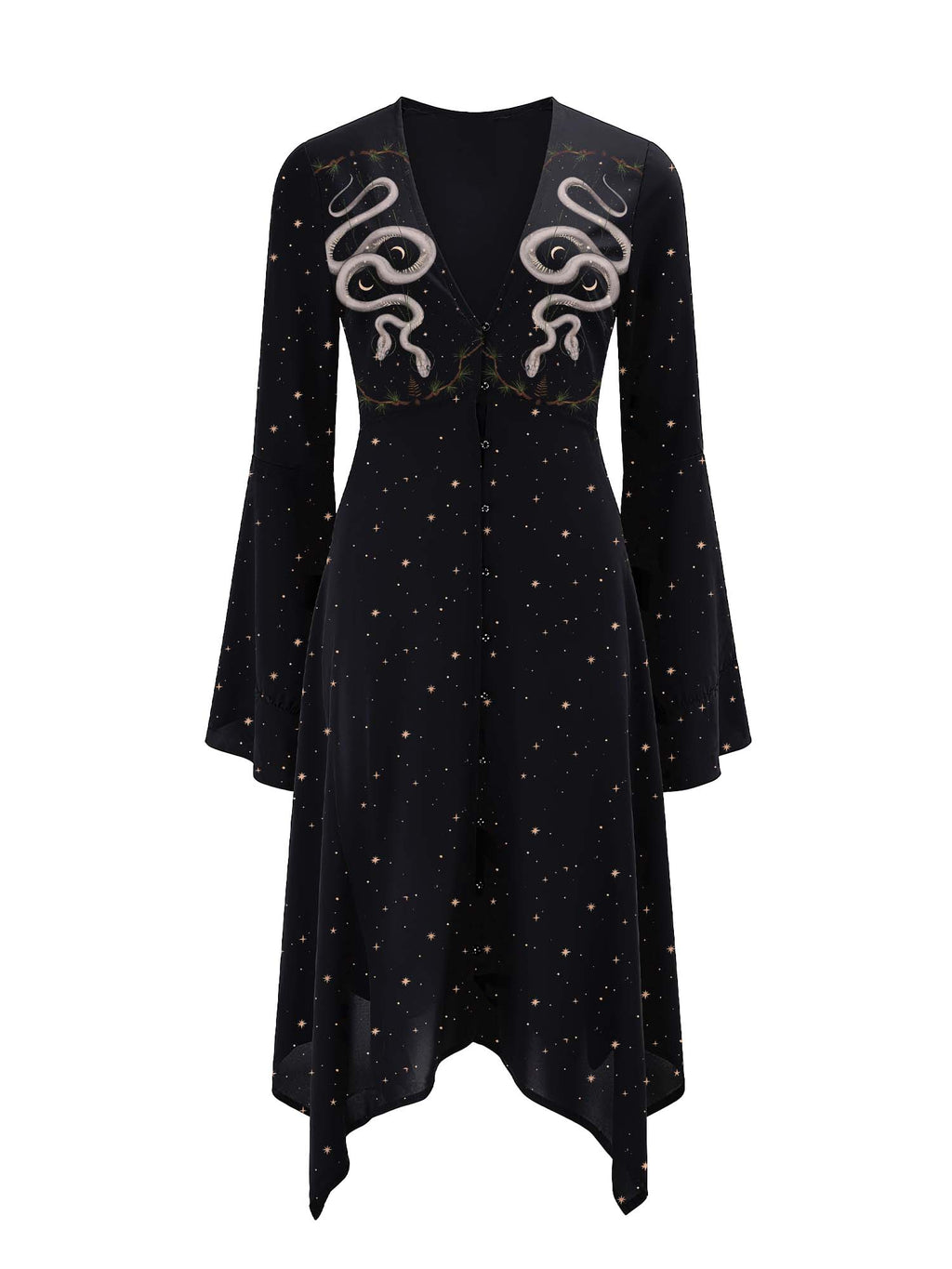 Midi-Moonveil-Kleid mit „Zweiköpfige Schlange unter den Sternen“-Print