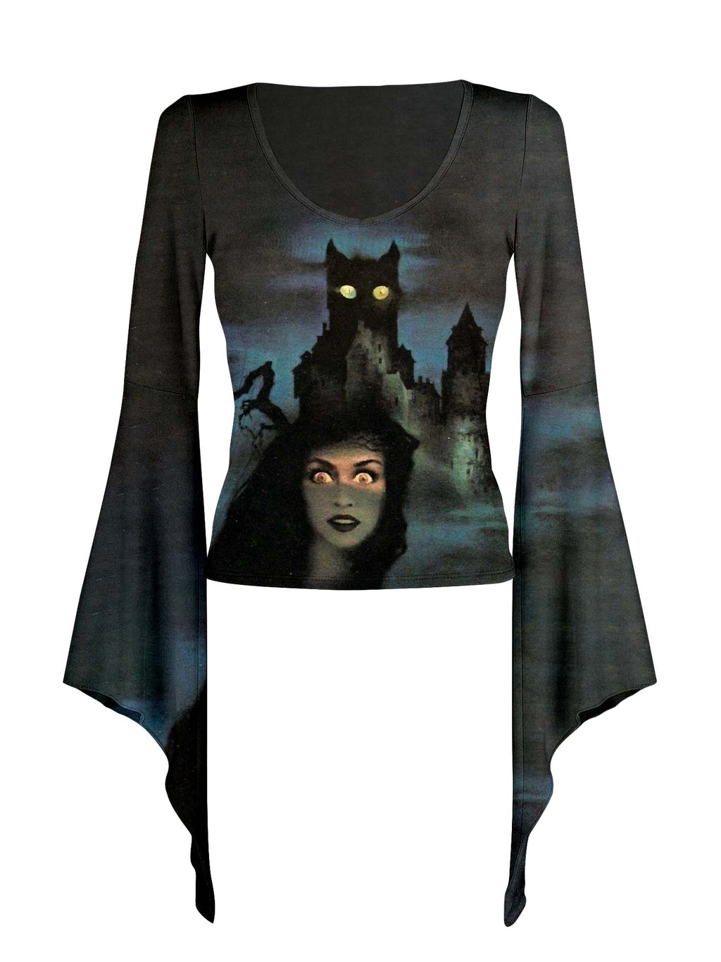 Scary Black Cat Print Batwing Shirt