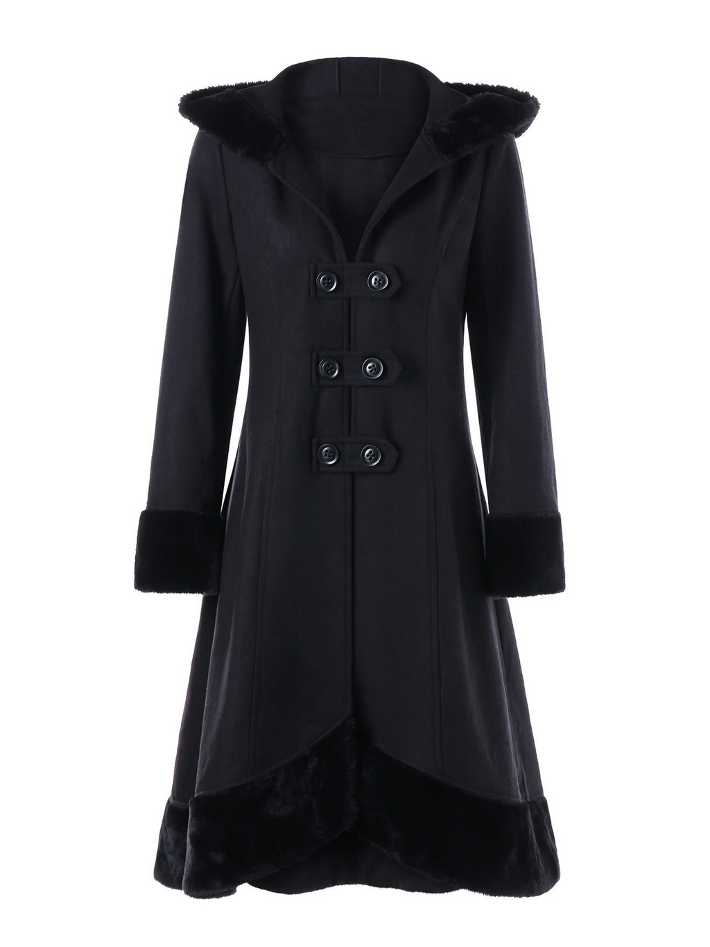 Double-Breasted Fur Collar Hooded Wool Coat With Back Tie