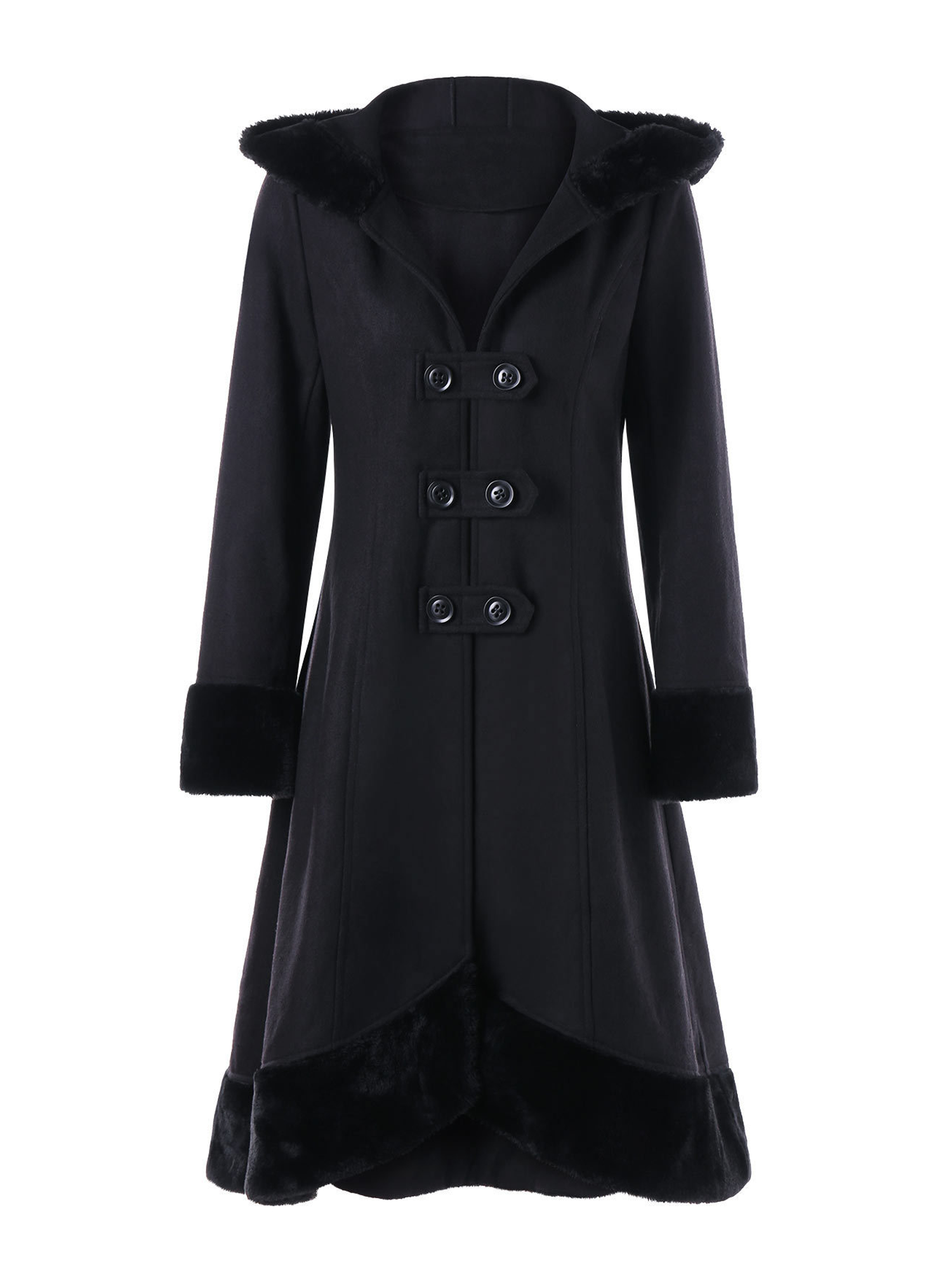 Double-Breasted Fur Collar Hooded Wool Coat With Back Tie