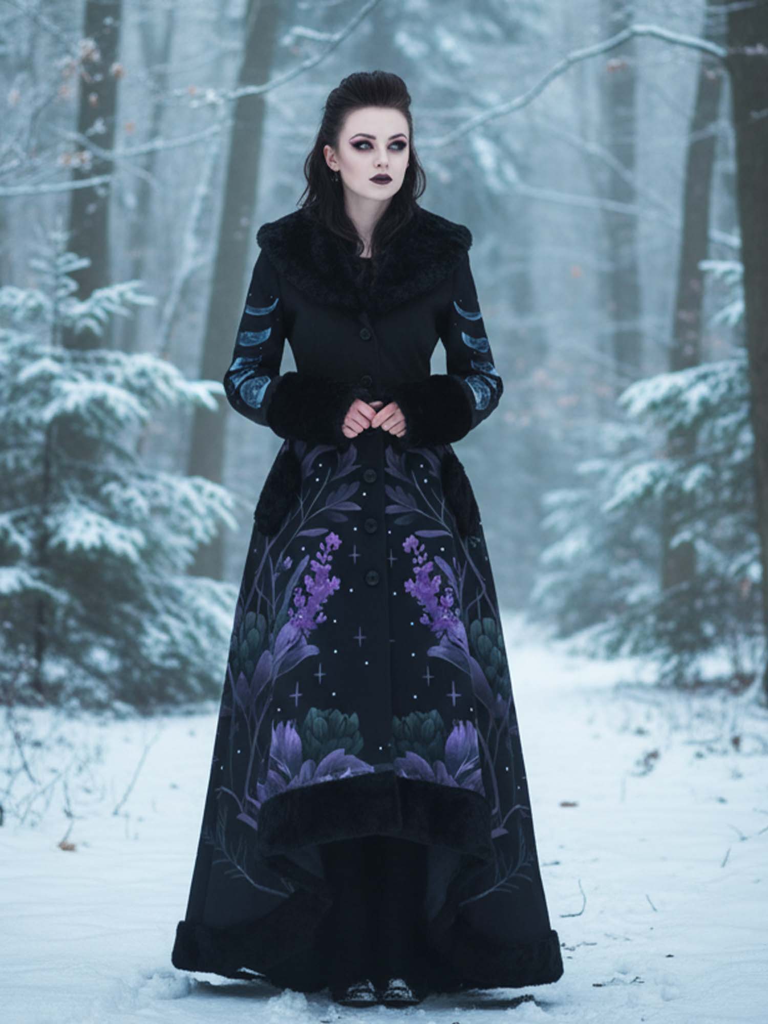 Vintage Blumen- und Monddruck Gothic Vintage Pelzkragen Einreihiger Schnürmantel