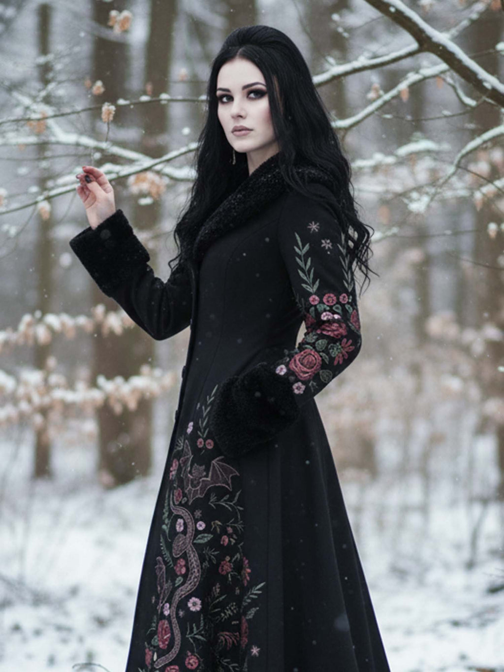 Floral And Snake Print Gothic Vintage Fur Collar Single-Breasted Lace-Up Coat