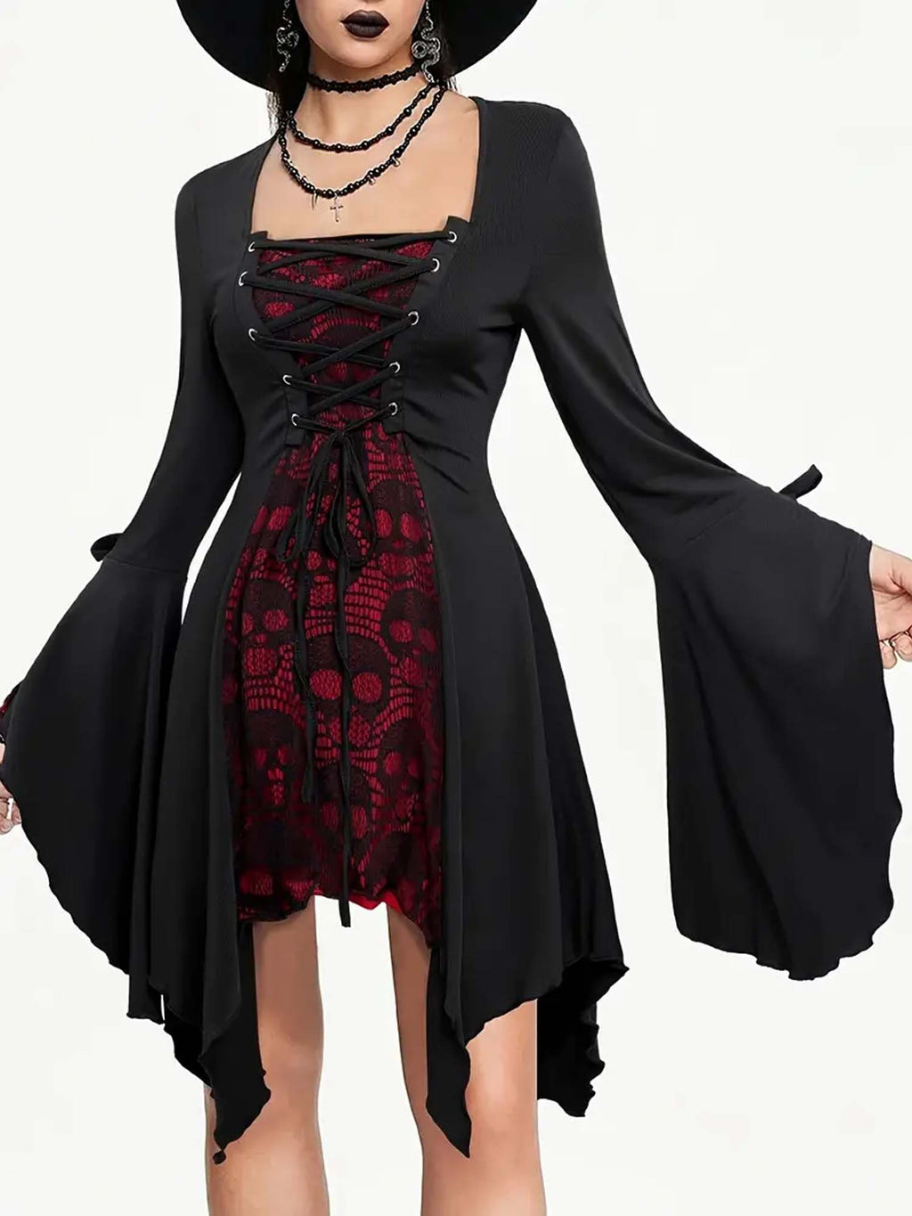 Halloween Lace Skull-Print Strappy Button-Up Bell-Sleeve Mini Dress