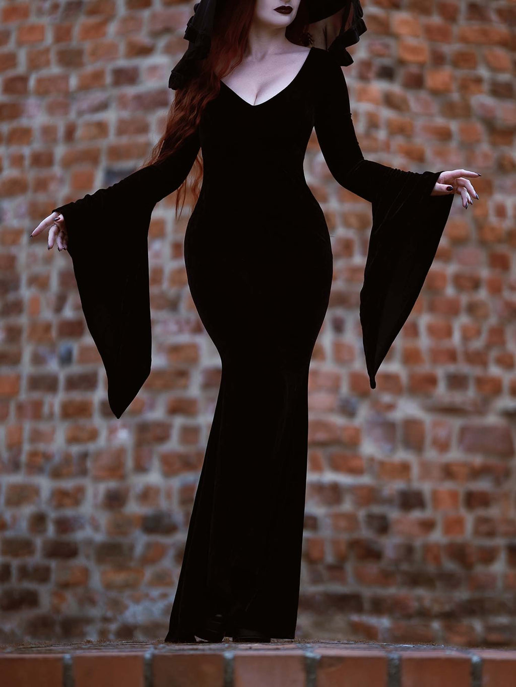 Gothic Dark V-Neck Black Velvet Dress