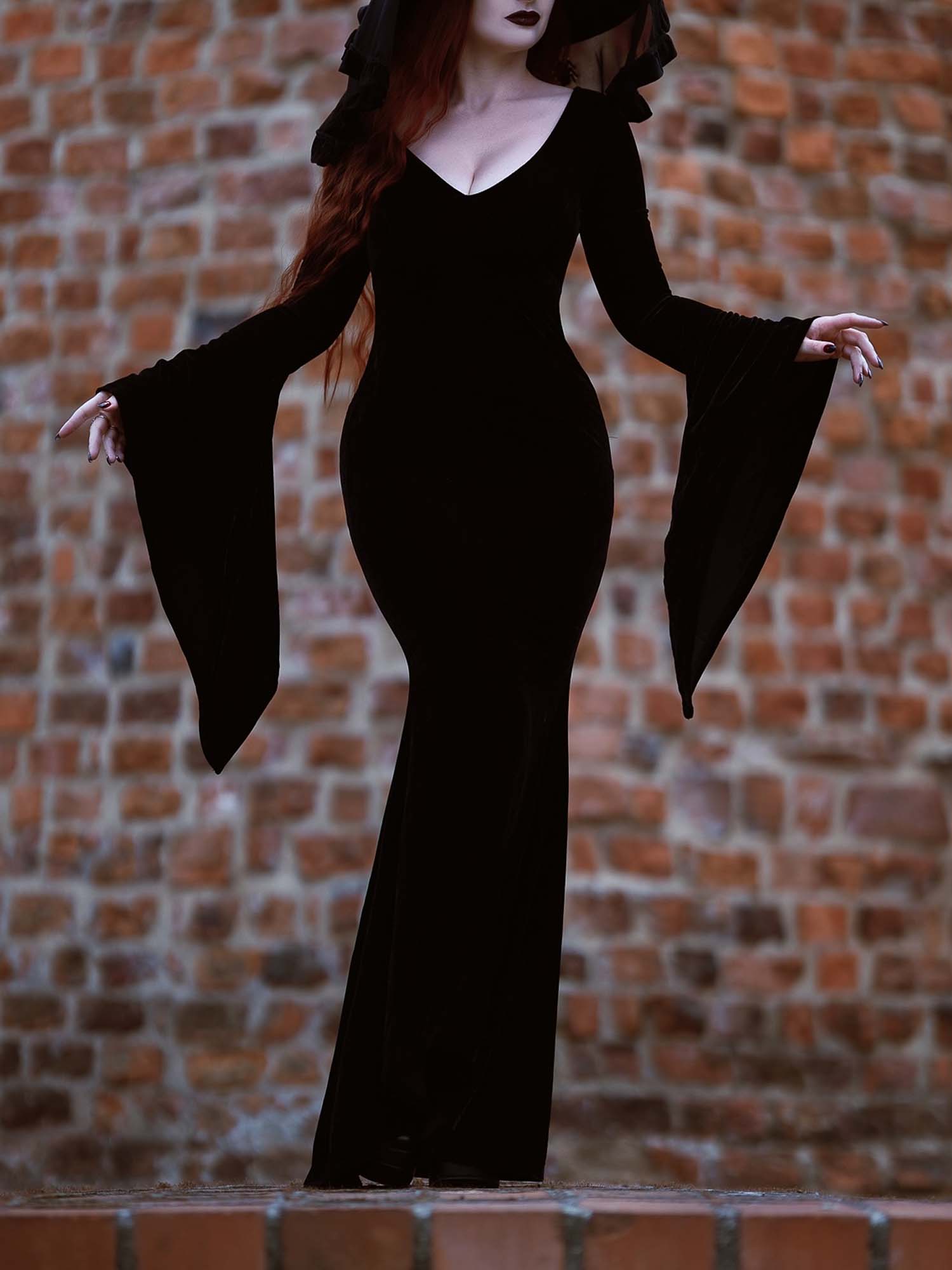 Gothic Dark V-Neck Black Velvet Dress