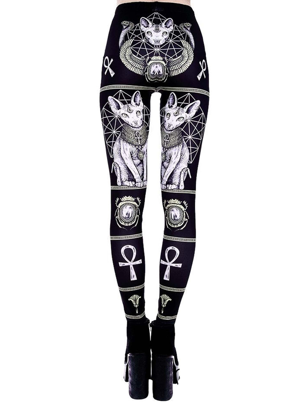 Dark Gothic Leggings mit Gothic-Sphinx-Katzen-Print