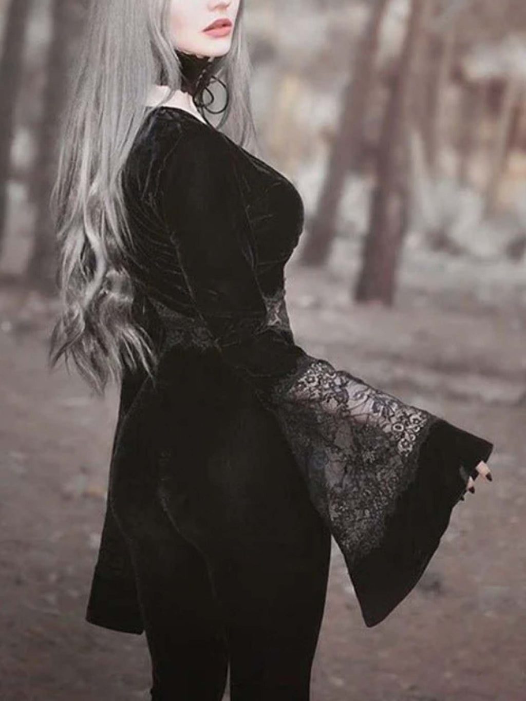 V-Neck Dark Lace Paneled Flared Sleeve Top