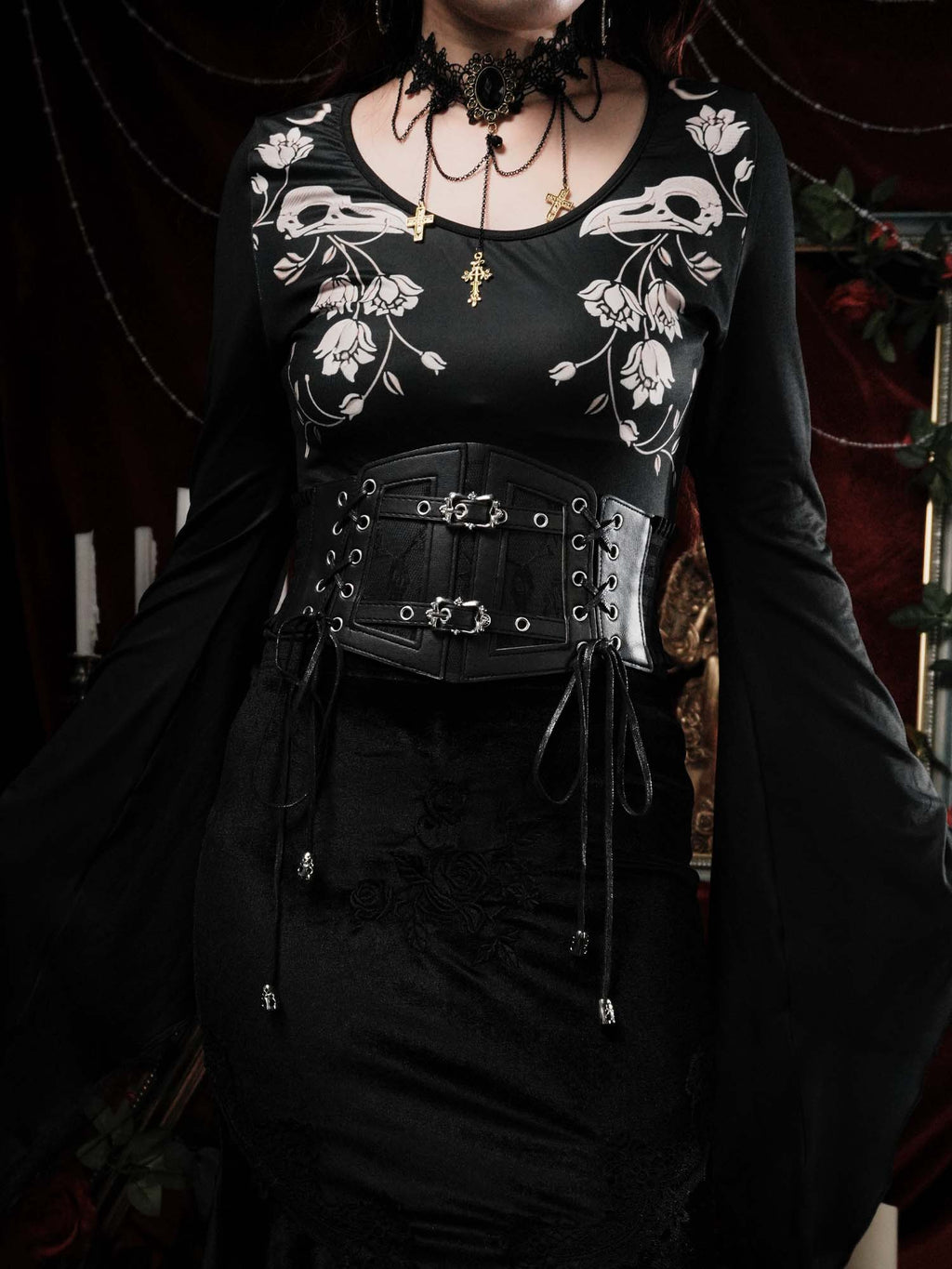 Crow Skull Print Batwing Shirt