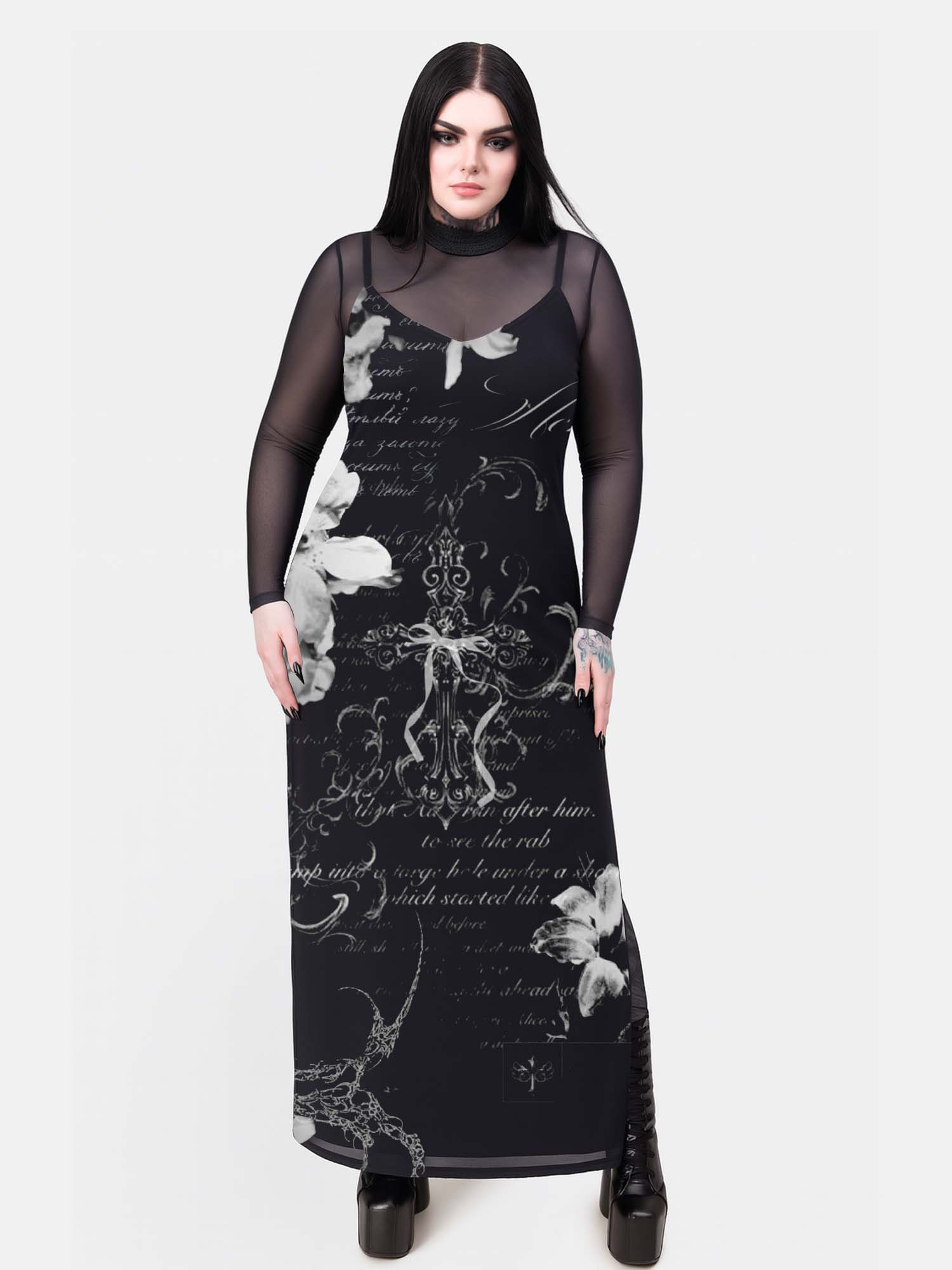 【Plus Size】Gothic Cross And Flower Print Maxi Veilbound Dress