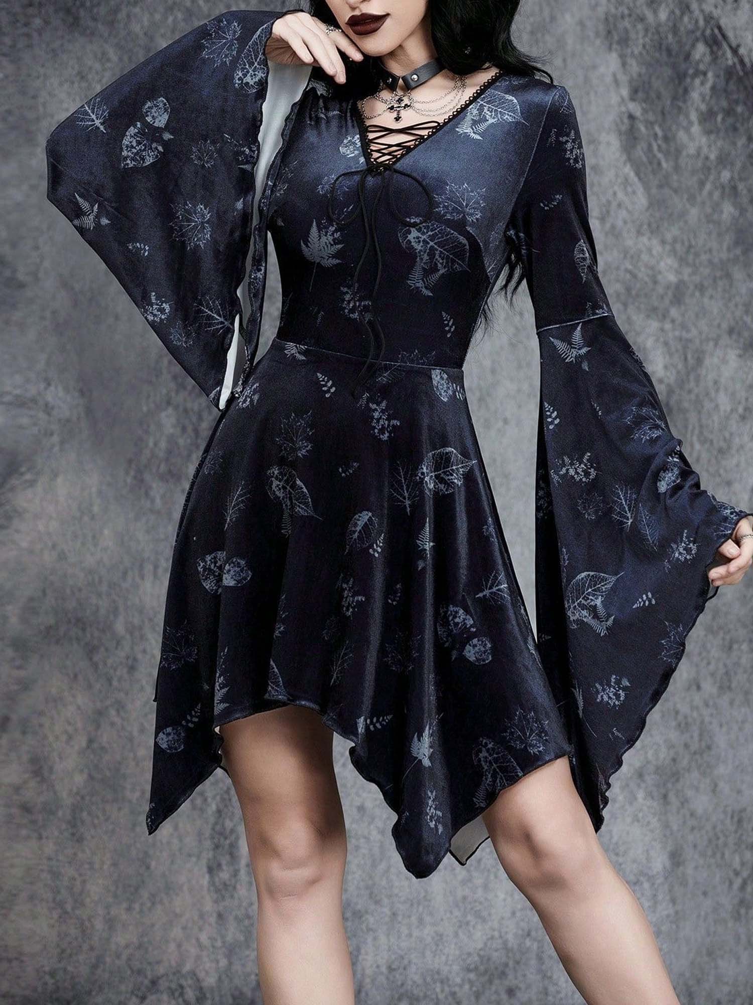 Gothic Halloween Print Tie-Strap Trumpet Sleeve V-Neck Dress