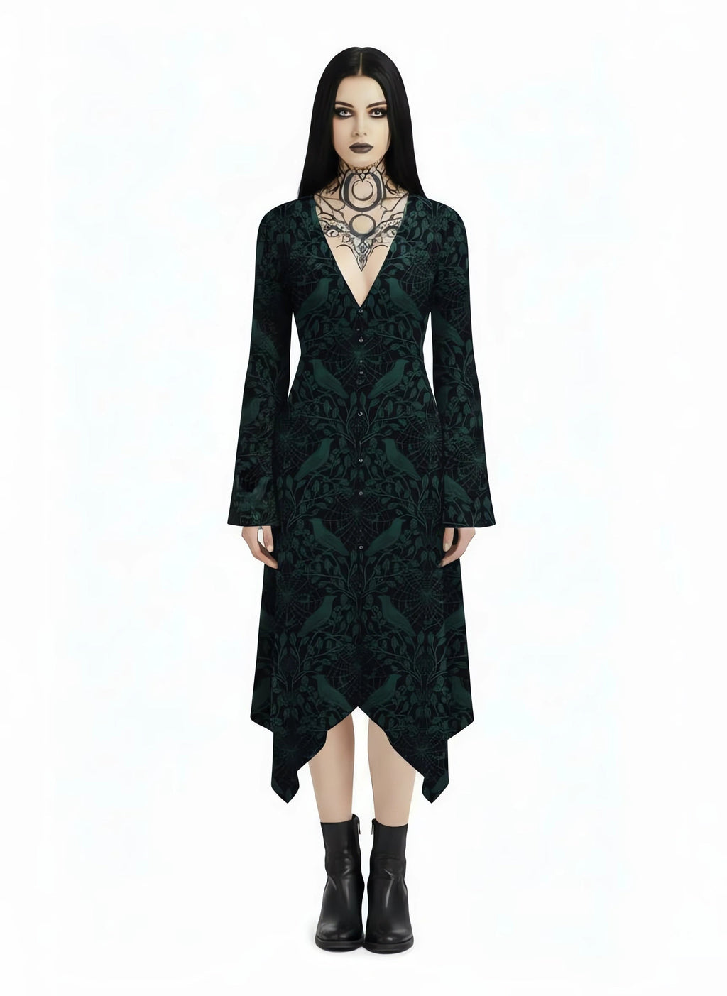 Crow And Spider Web Print Midi Moonveil Dress