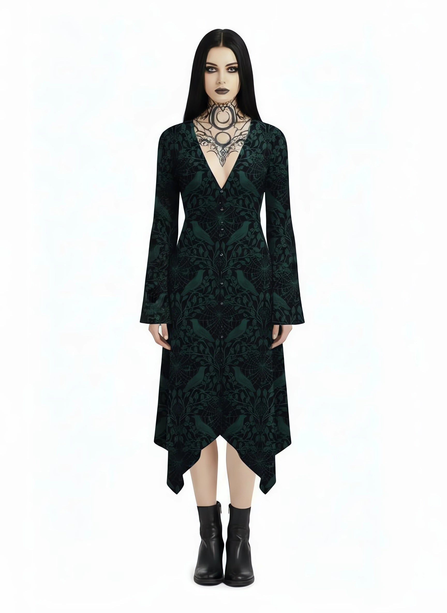 Crow And Spider Web Print Midi Moonveil Dress