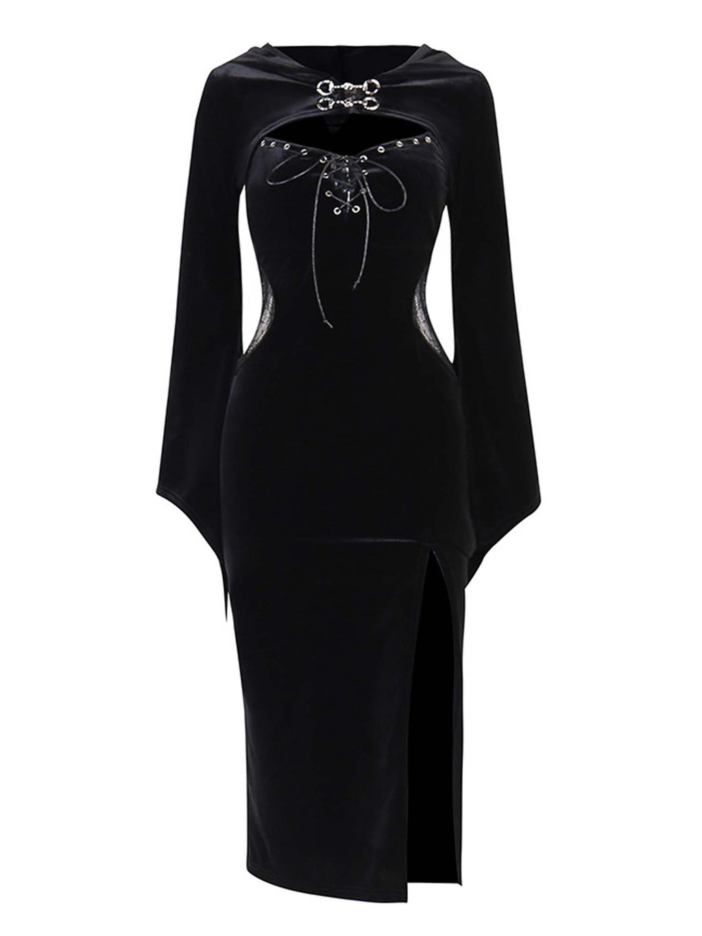 Gothic Halloween Dunkles Spinnennetzkleid mit Kapuze und Trompetenärmeln, zweiteiliger Anzug