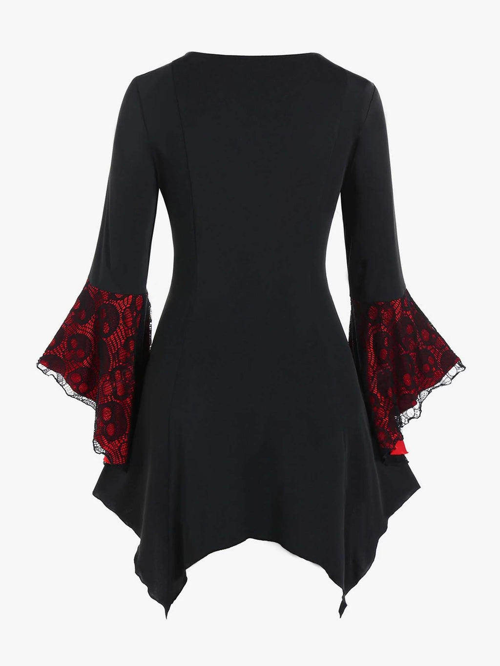 Halloween Lace Skull-Print Strappy Button-Up Bell-Sleeve Mini Dress