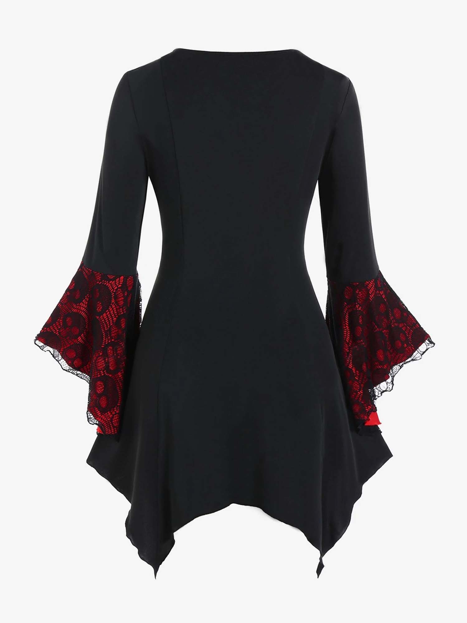 Halloween Lace Skull-Print Strappy Button-Up Bell-Sleeve Mini Dress