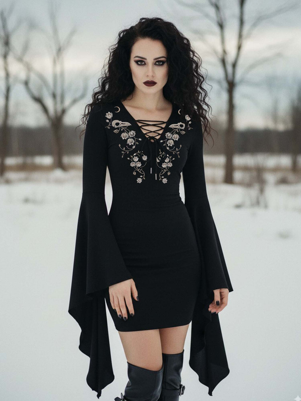 Crow Skull And FLower Print Batwing Dress
