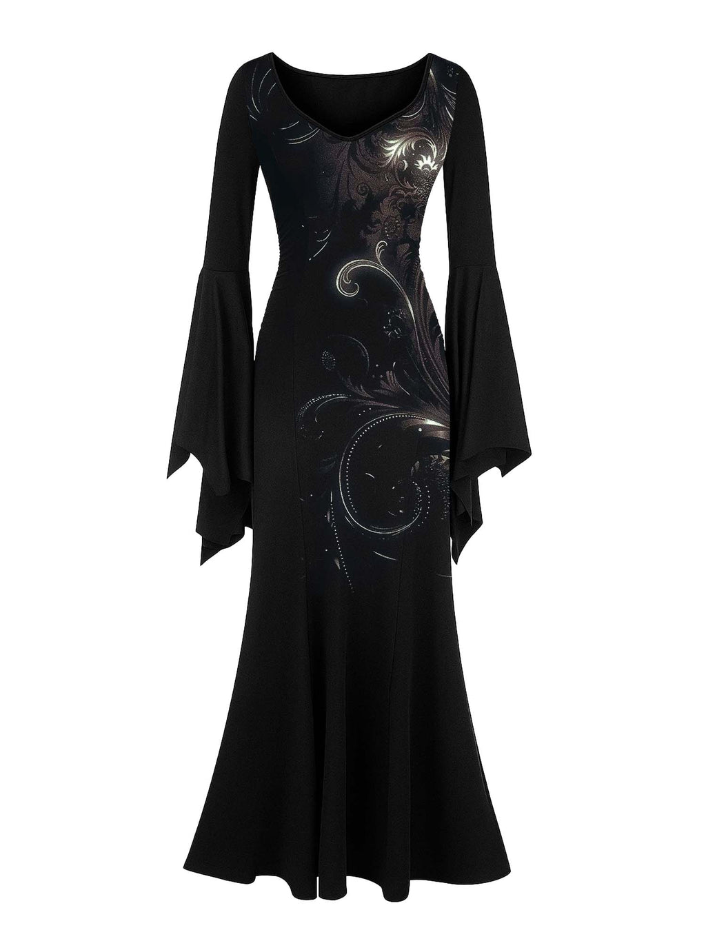 Gothic Vintage Print Batwing Maxi Dress