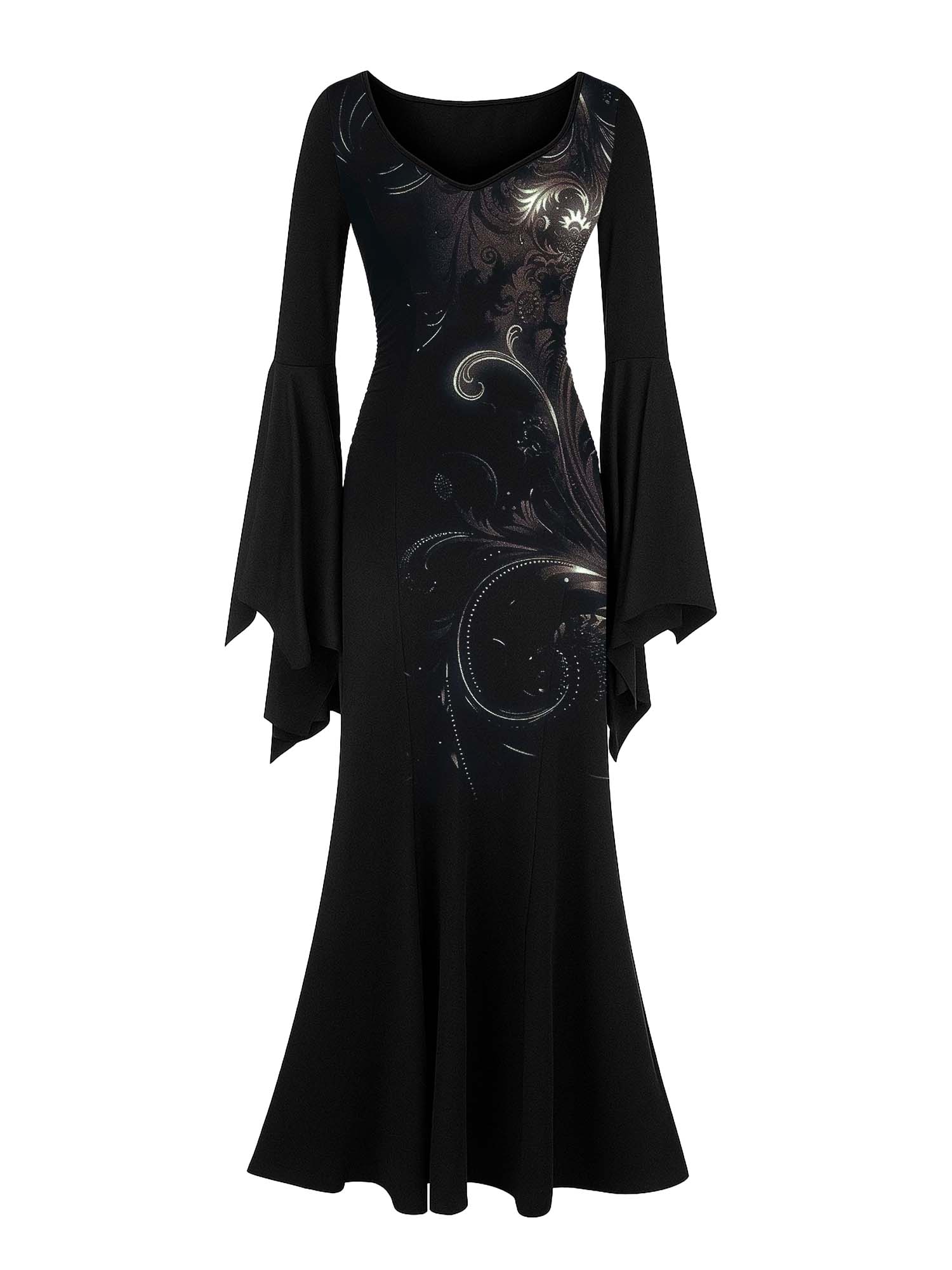 Gothic Vintage Print Batwing Maxi Dress