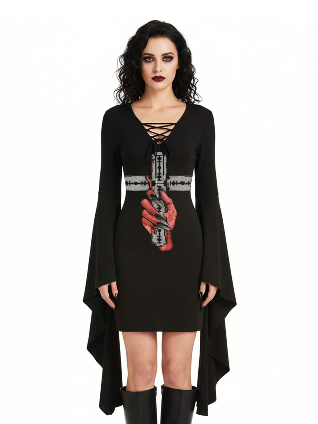 Devil's Hand and Blade Cross Print Batwing Dress
