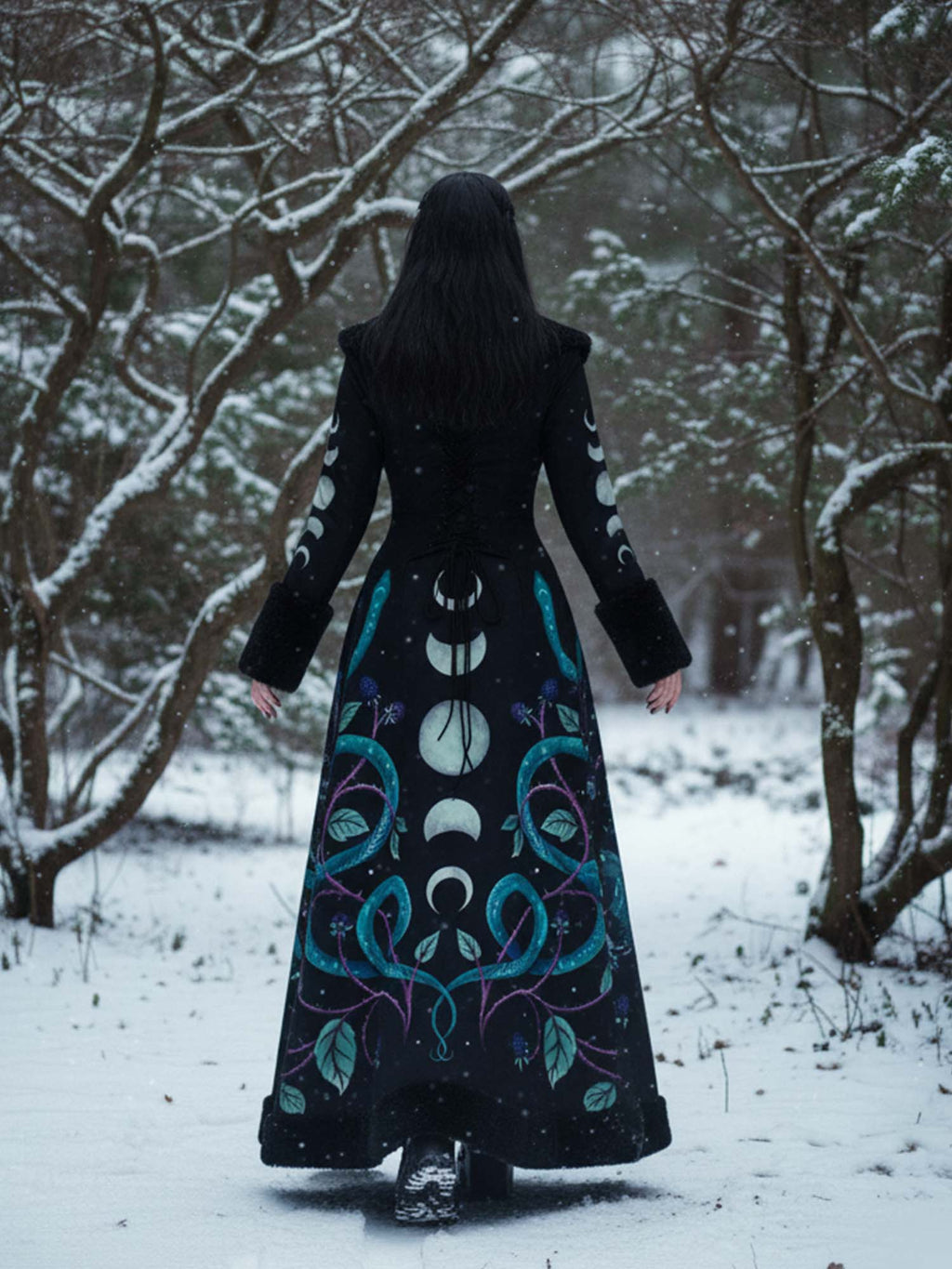 Vintage Snake And Moon Print Gothic Vintage Fur Collar Single-Breasted Lace-Up Coat