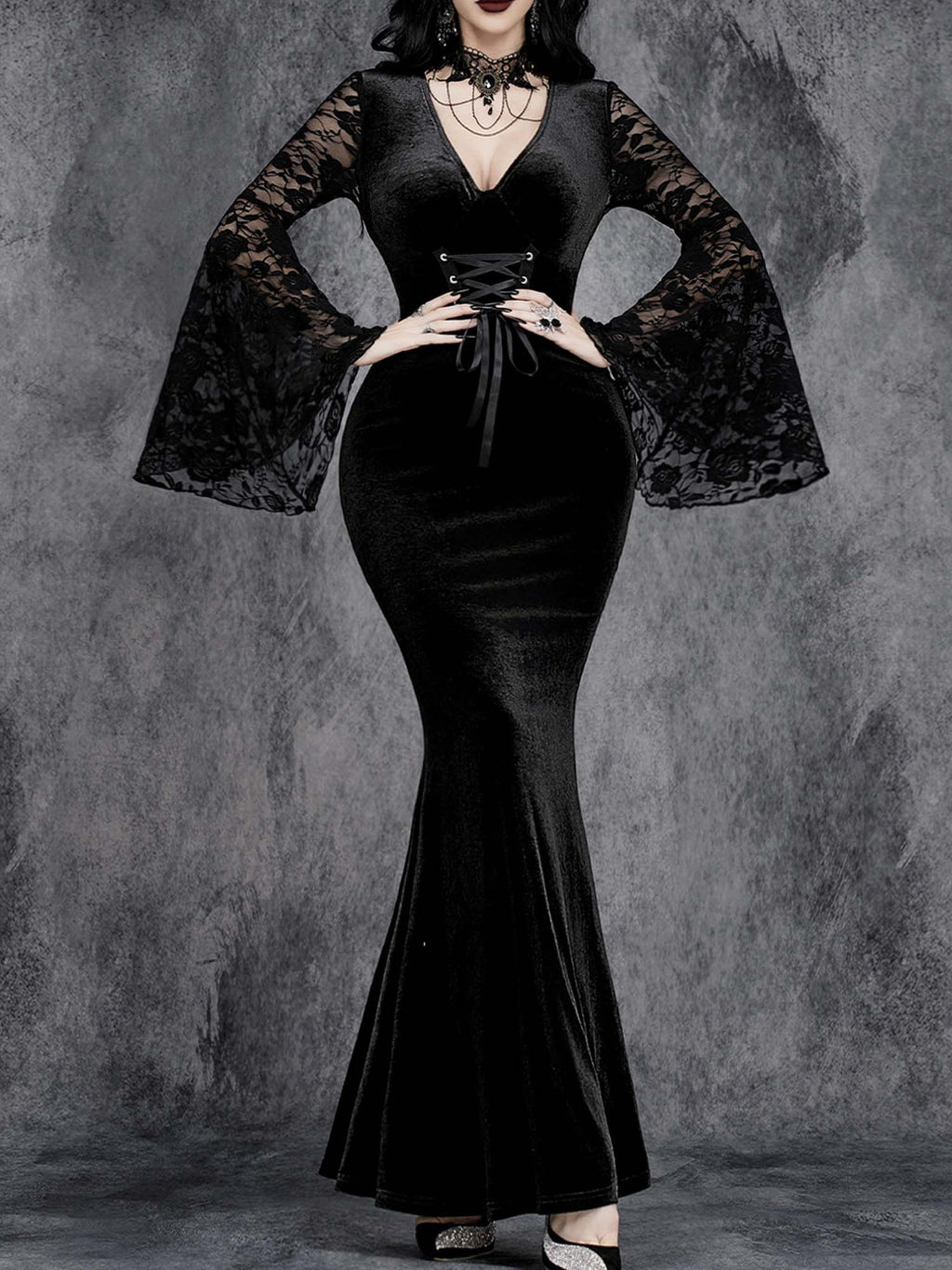 Halloween Dark Lace Trumpet Sleeve Dress