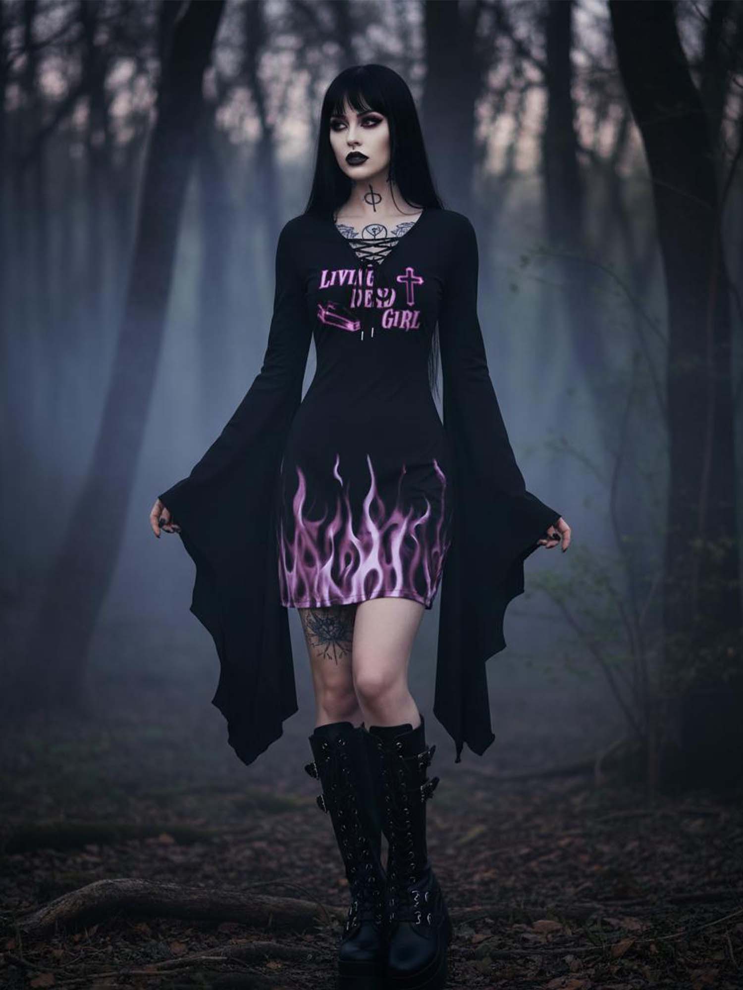 Living Dead Girl Fire Print Batwing Dress