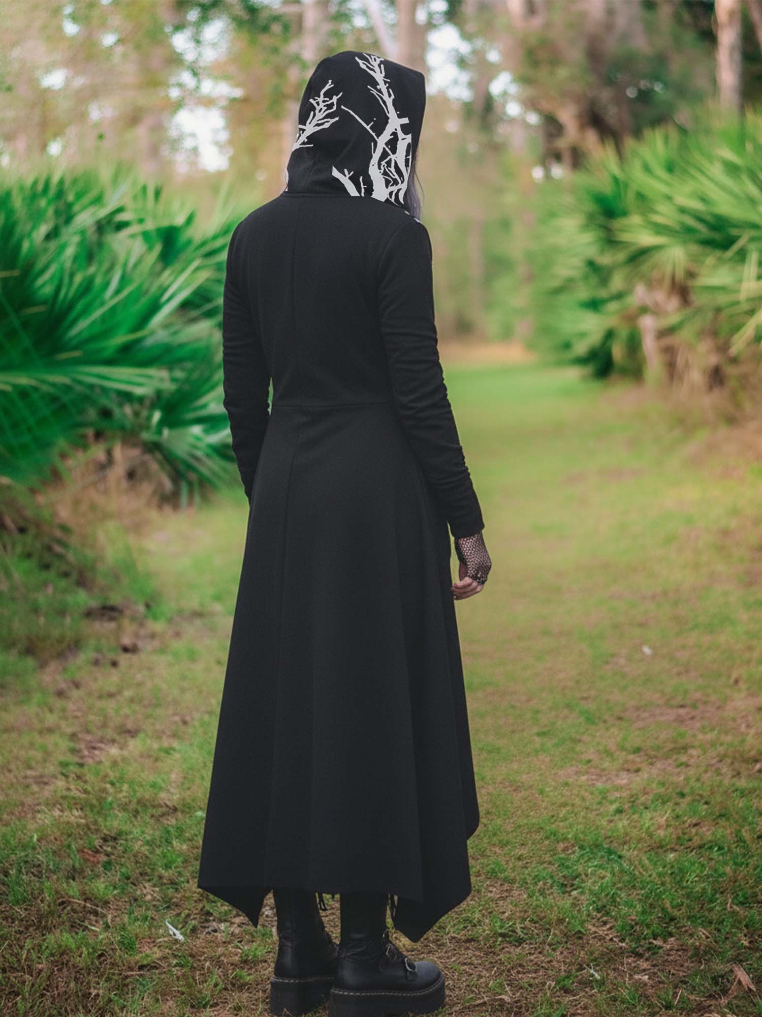 Cape With Hood And Irregular Hem Print Long-Sleeved Coat