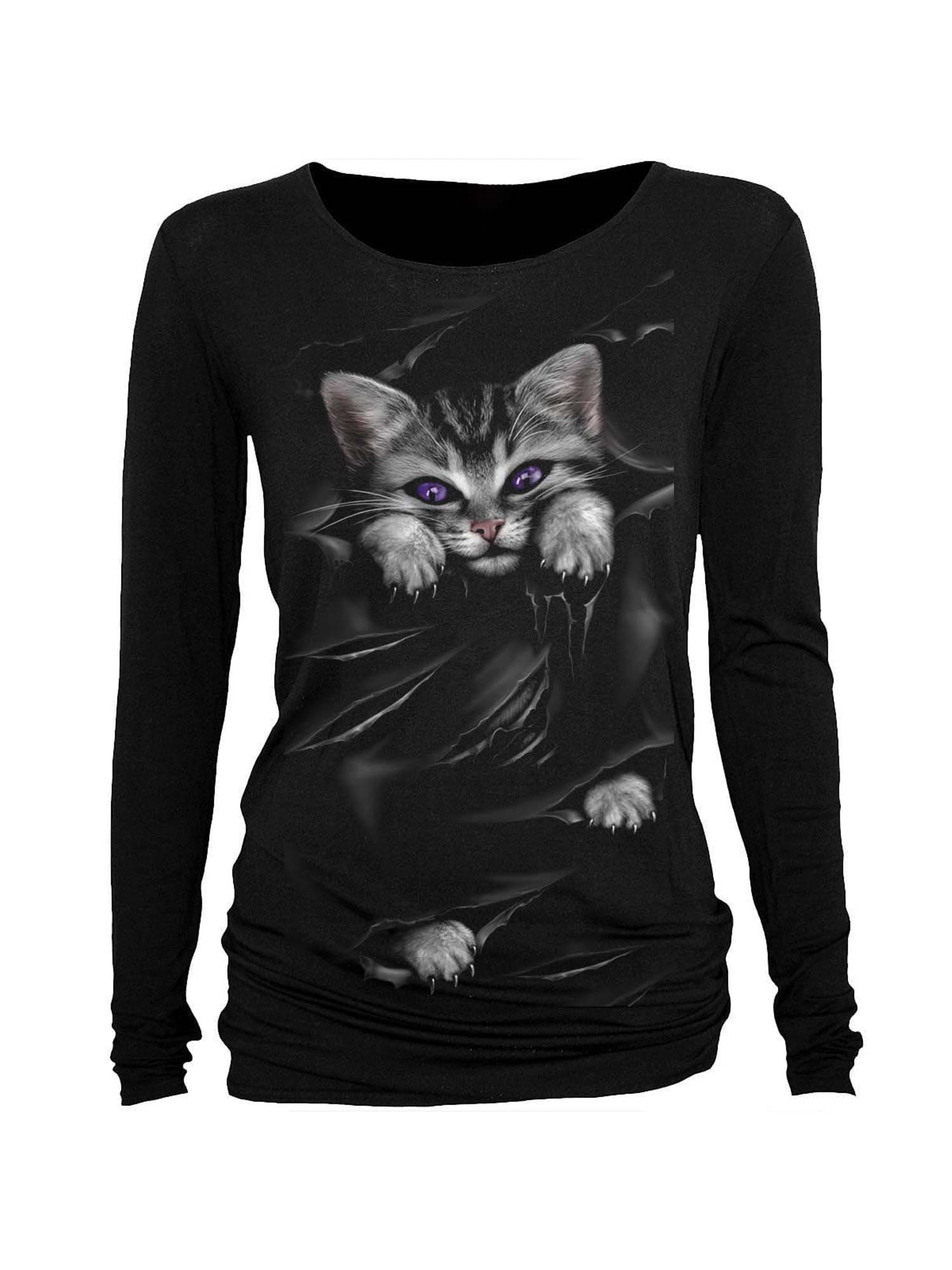 Schwarzes Fledermaushemd mit Katzen-Print